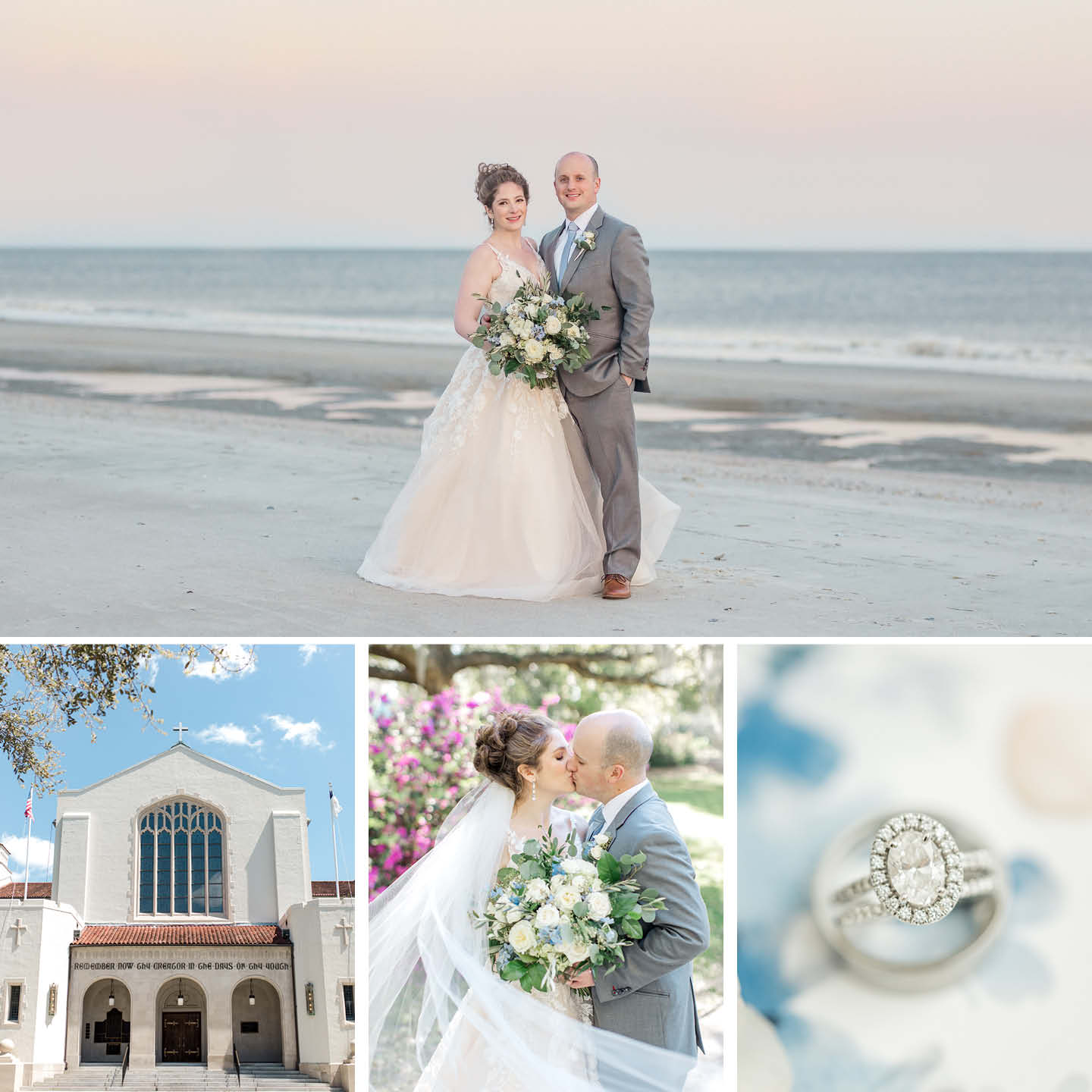 beach wedding picture with rings and church