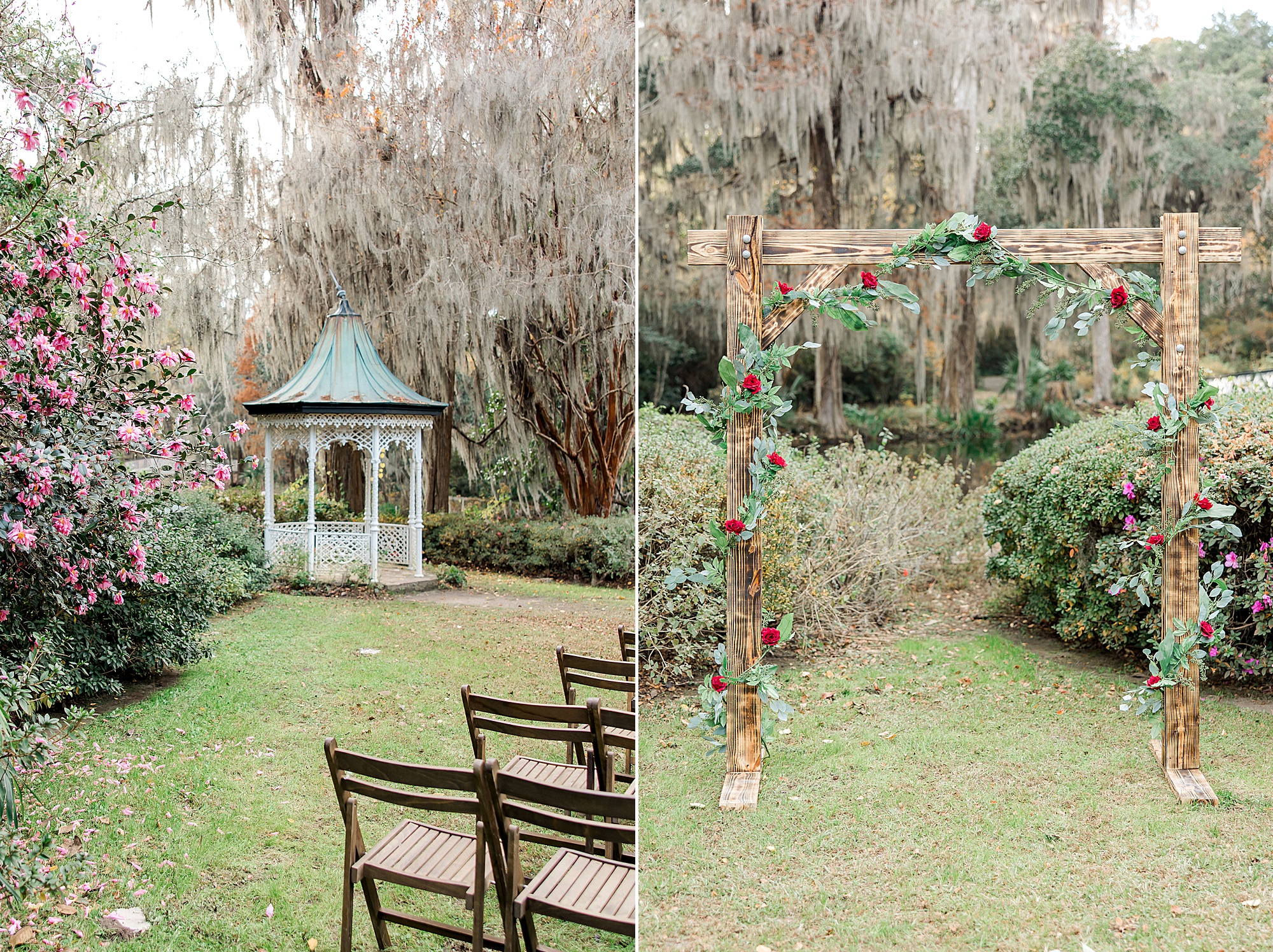 outdoor wedding ceremony in the gardens at Magnolia Plantation and Gardens in Charleston