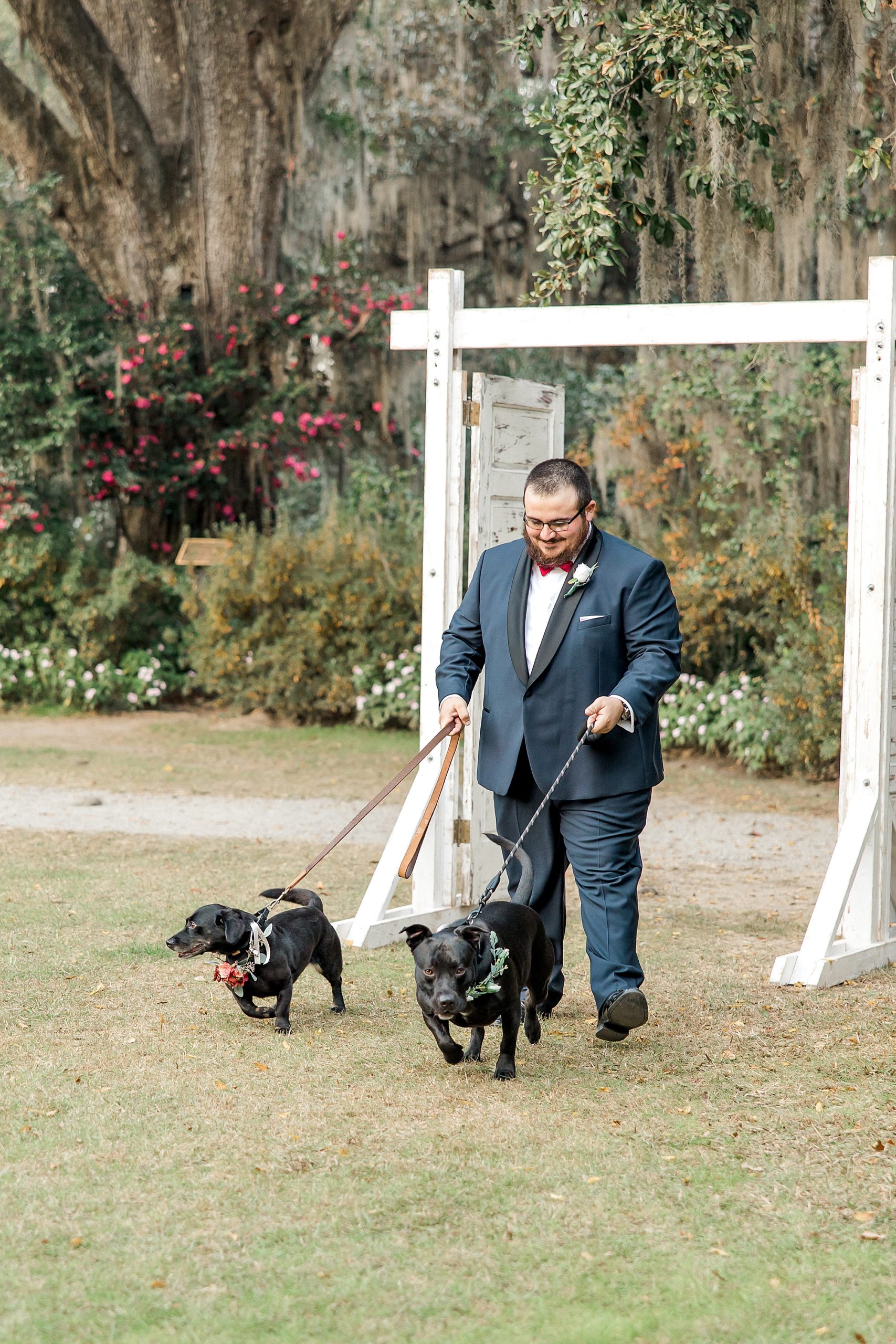 groomsmen walks dogs down the aisle at SC wedding