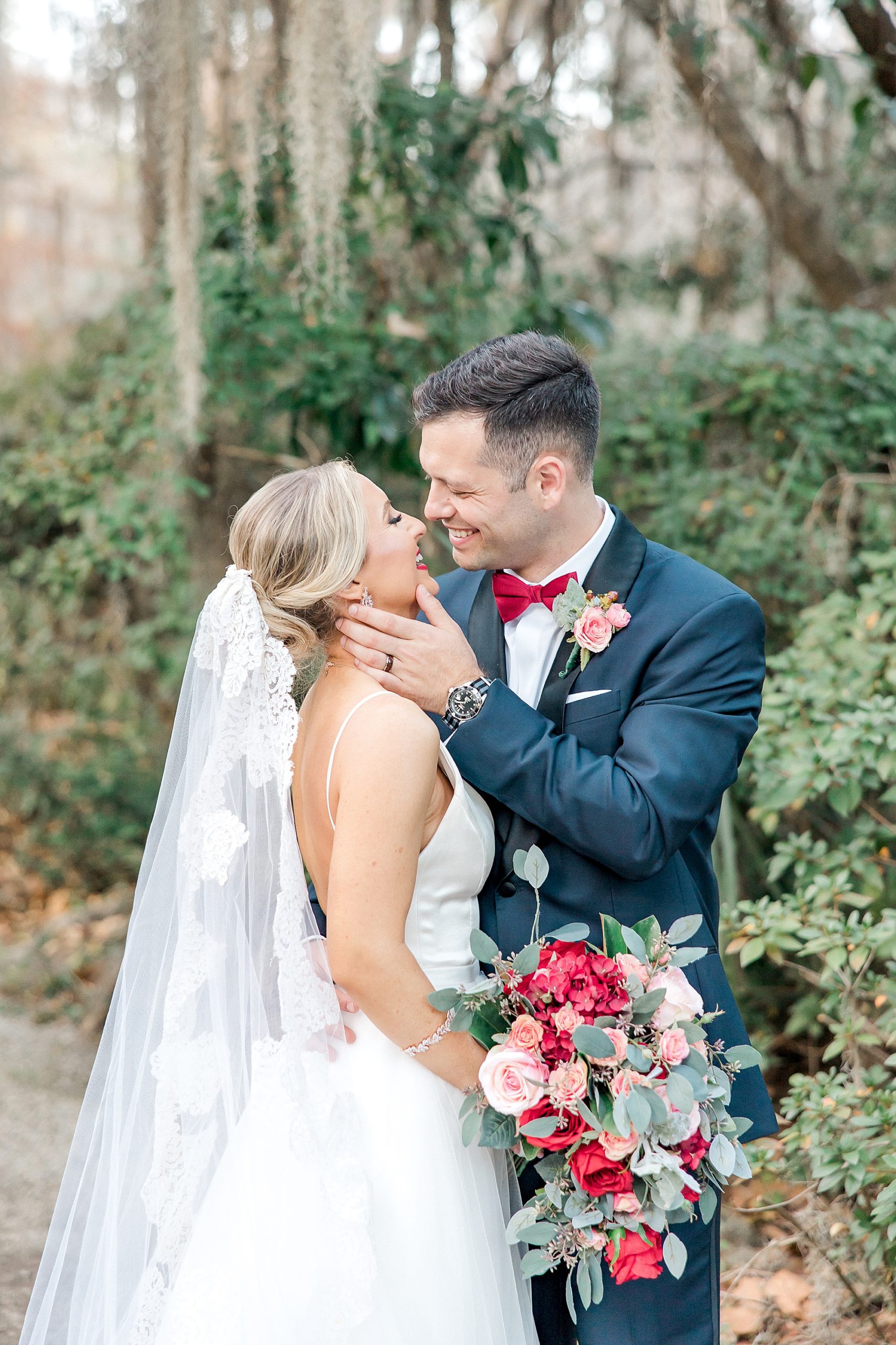 candid moment of bride and groom during Magnolia Plantation and Gardens Wedding