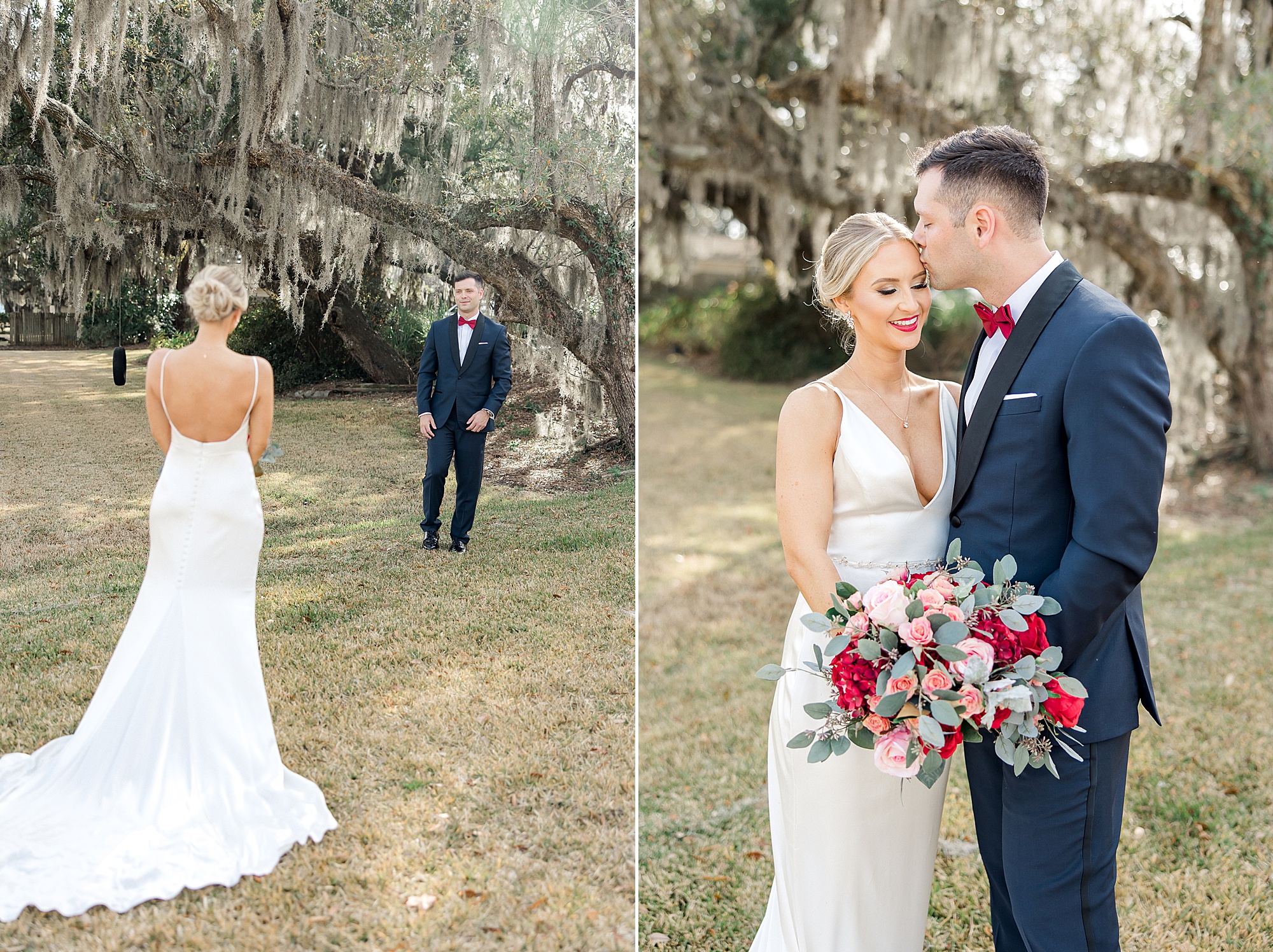 first look of bride and groom during Magnolia Plantation and Gardens Wedding