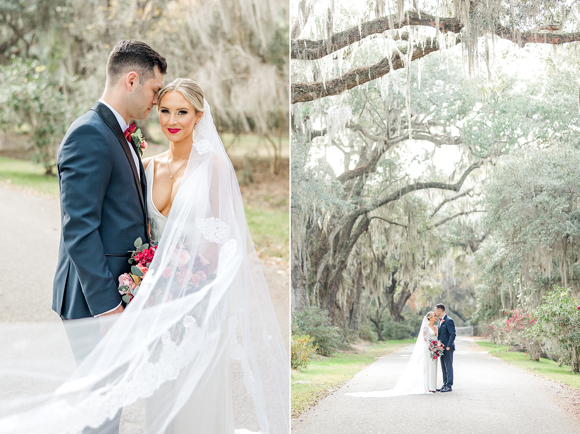 Bride's veil wraps around her and groom during portraits