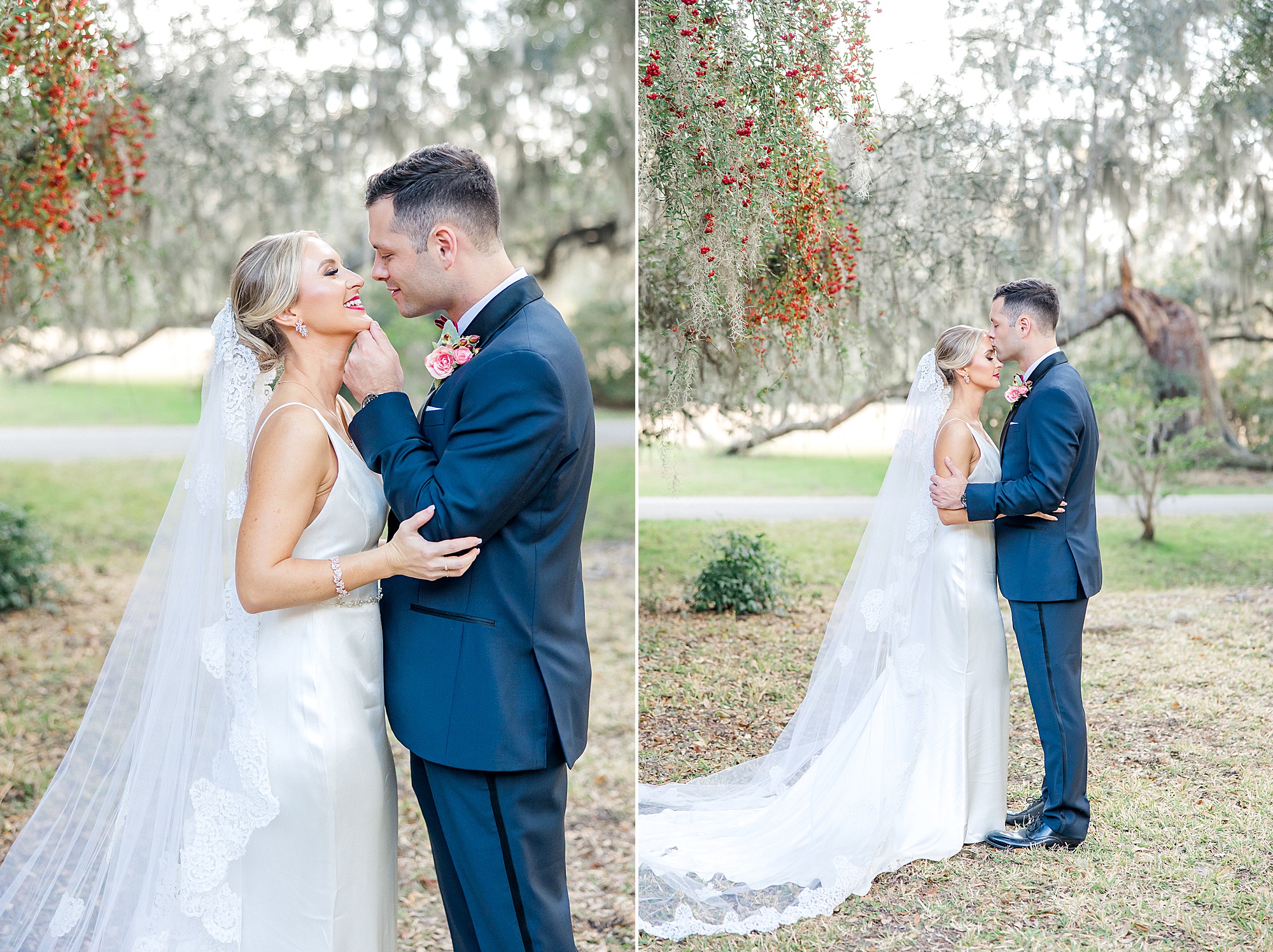 newlyweds kiss under the trees