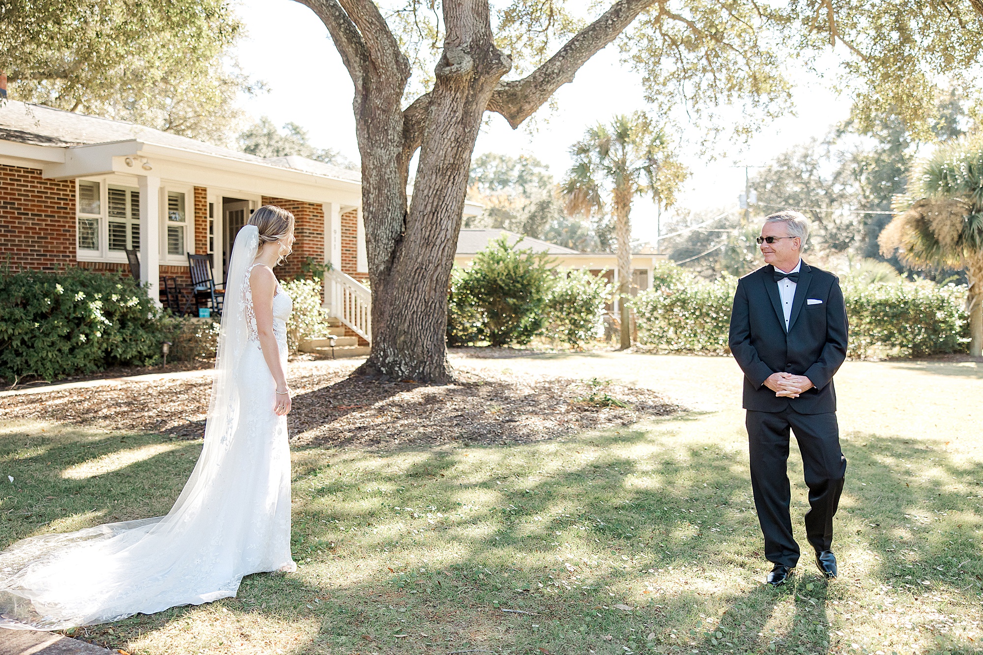 Bride's first look with dad before SC wedding