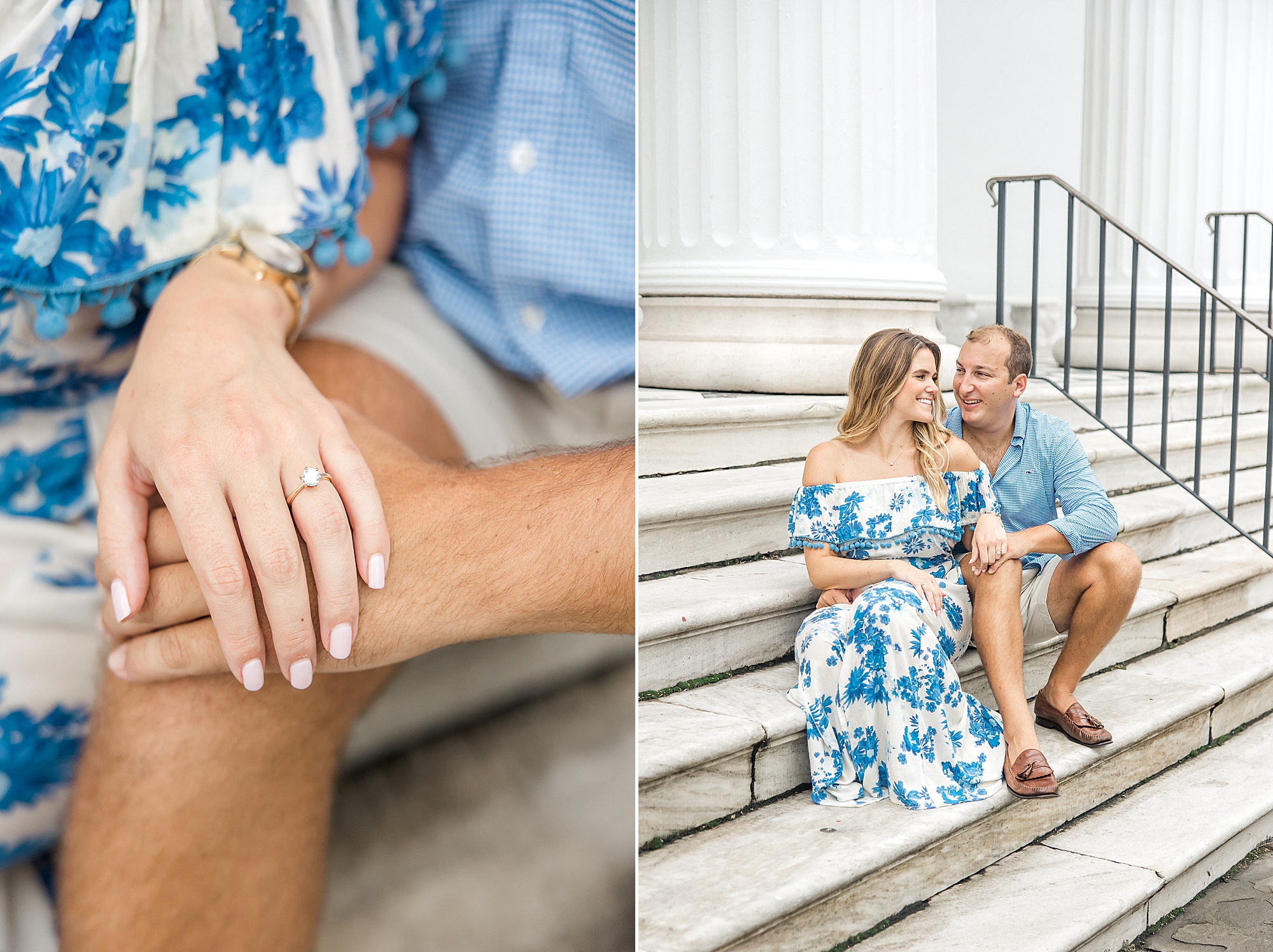 couple sit on stairs of historic building in downtown Charleston SC