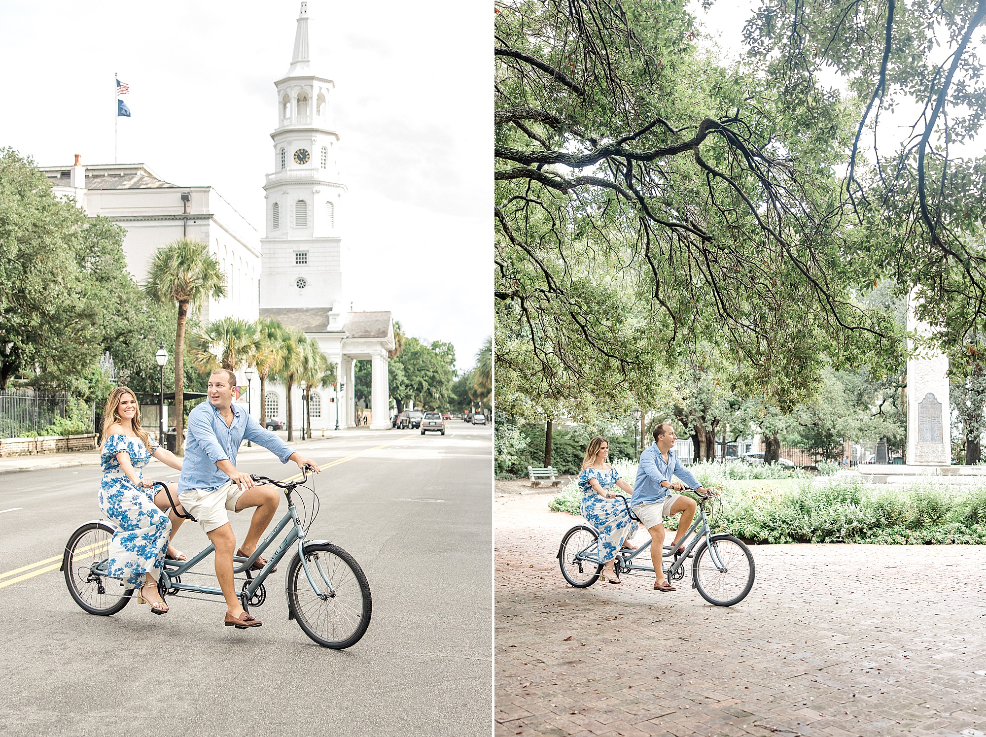 couple ride tandem bicycle during SC engagement session