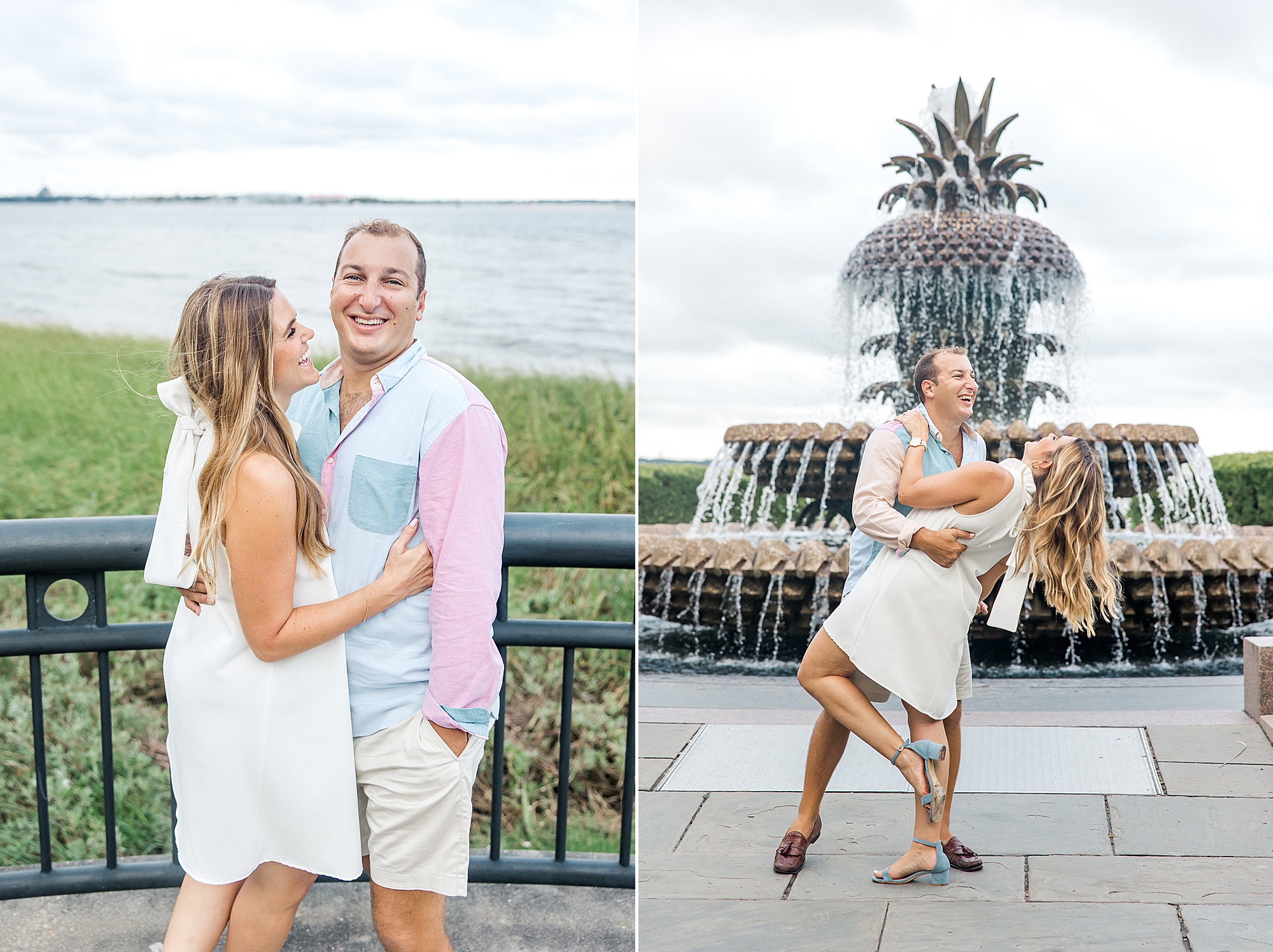 newly engaged couple near the iconic pineapple fountain in Charleston SC