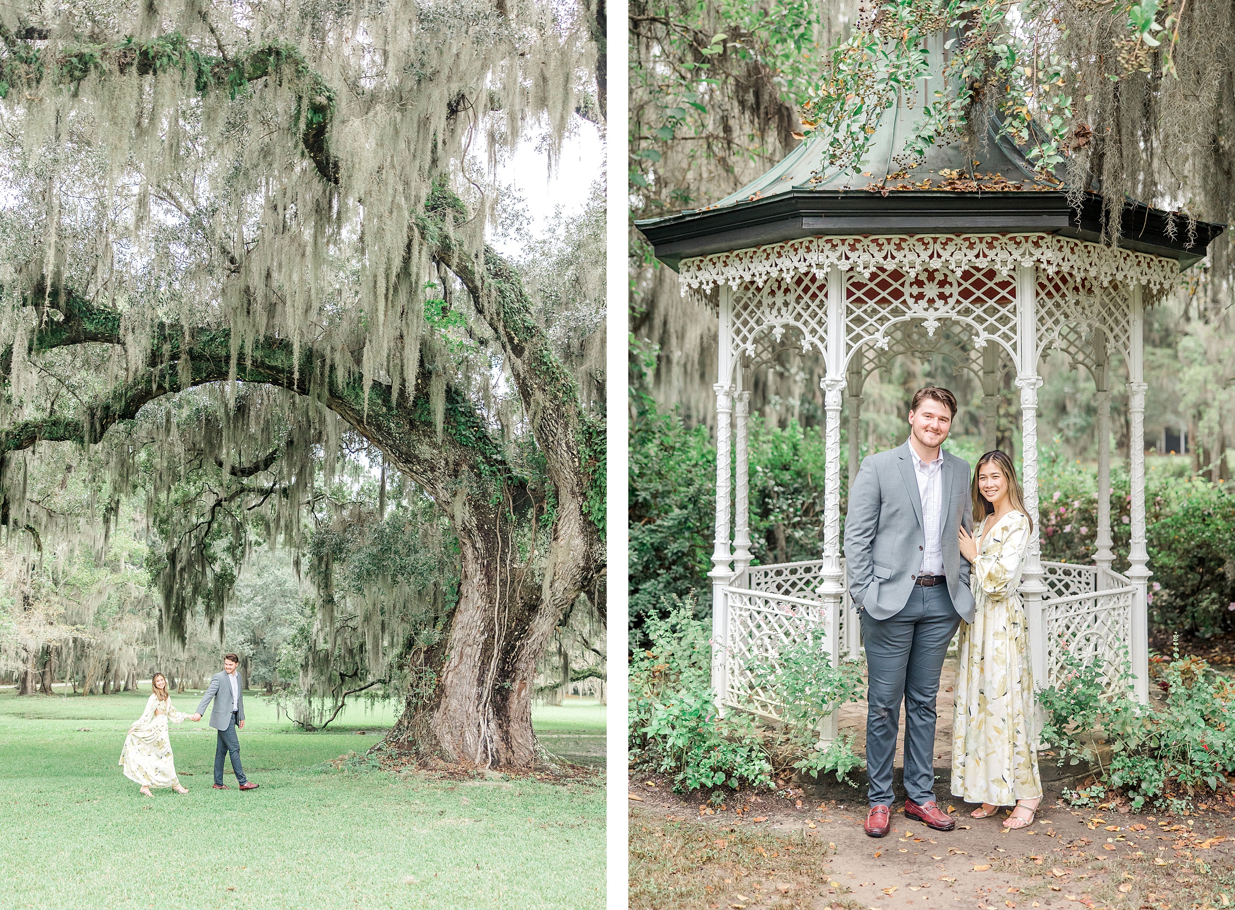 Couple walks under oak trees at Magnolia Plantation and Gardens