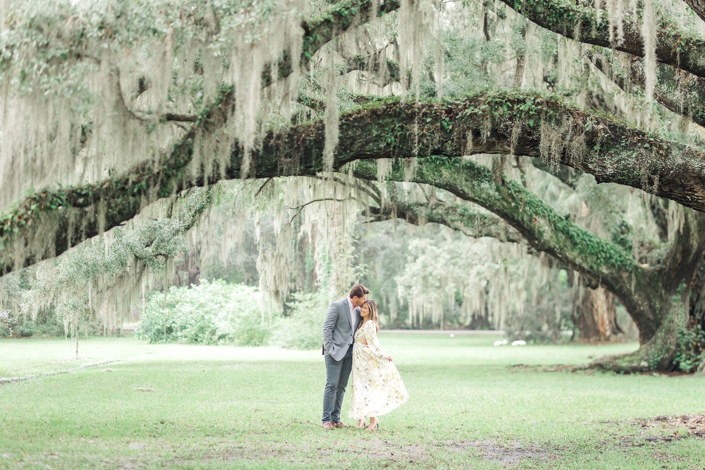 Couple kisses under oak trees at Magnolia Plantation and Gardens