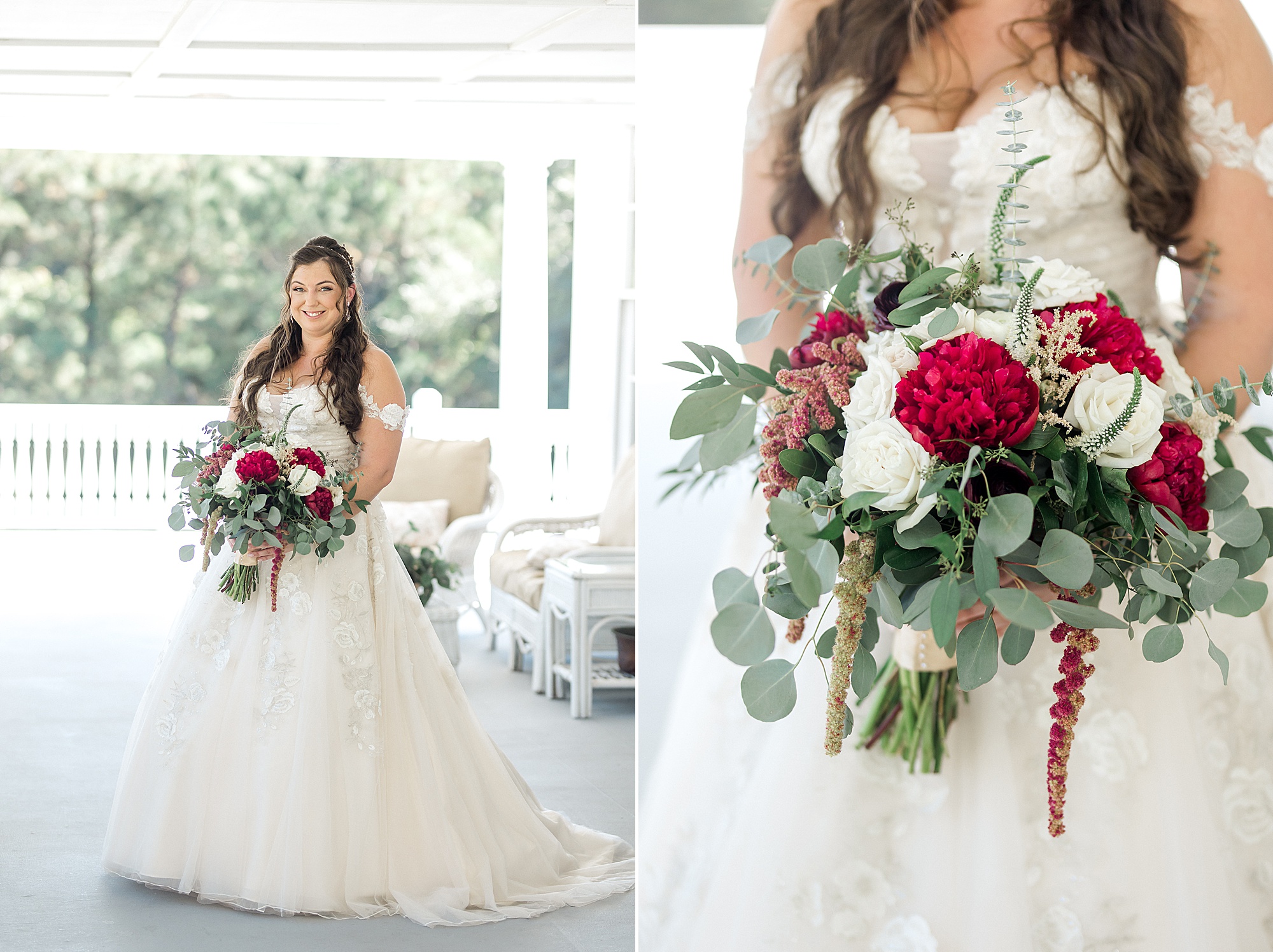 bride holding classic white and red wedding bouquet