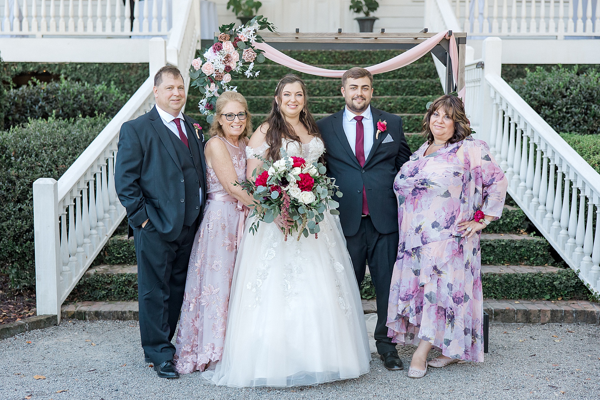 bride and groom with family at Old Wide Awake Plantation