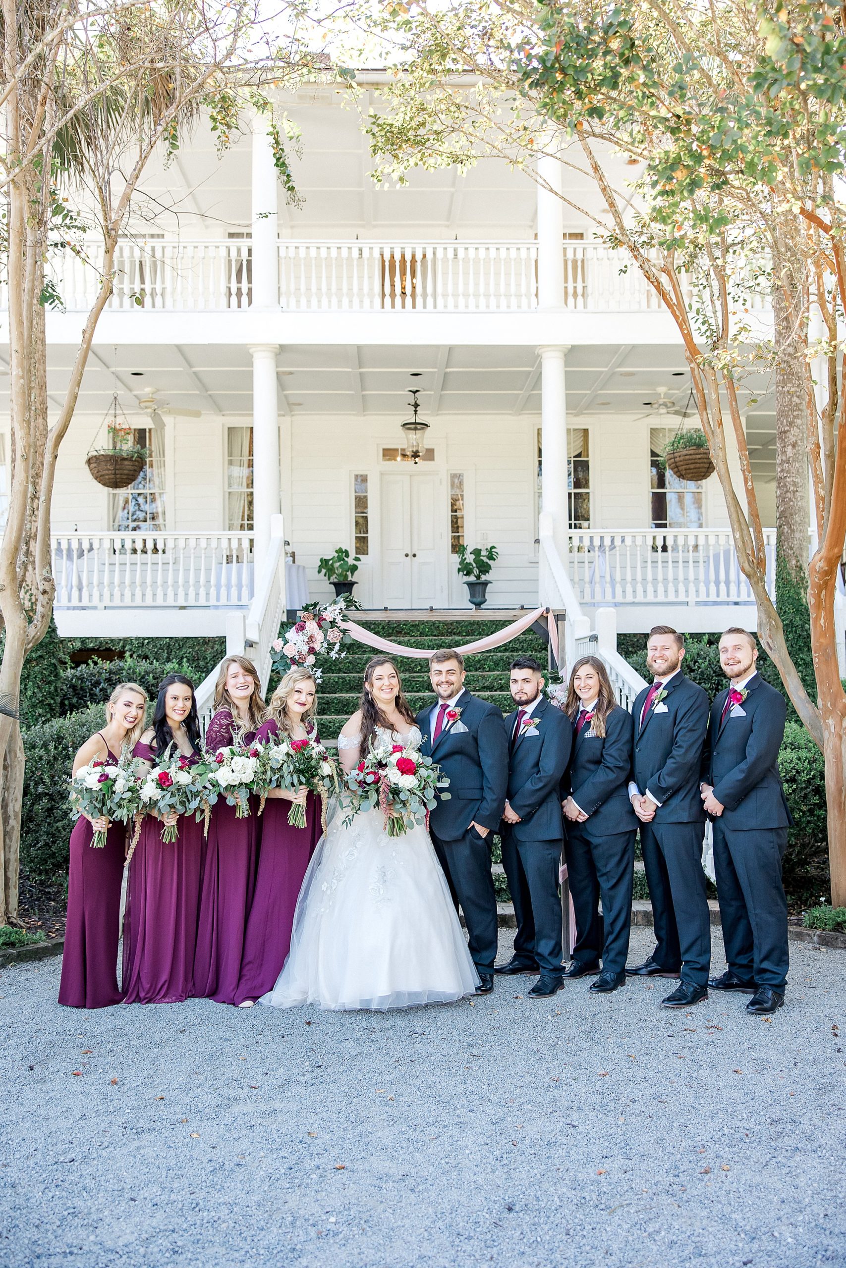 bridal party in front of the Old Wide Awake Plantation
