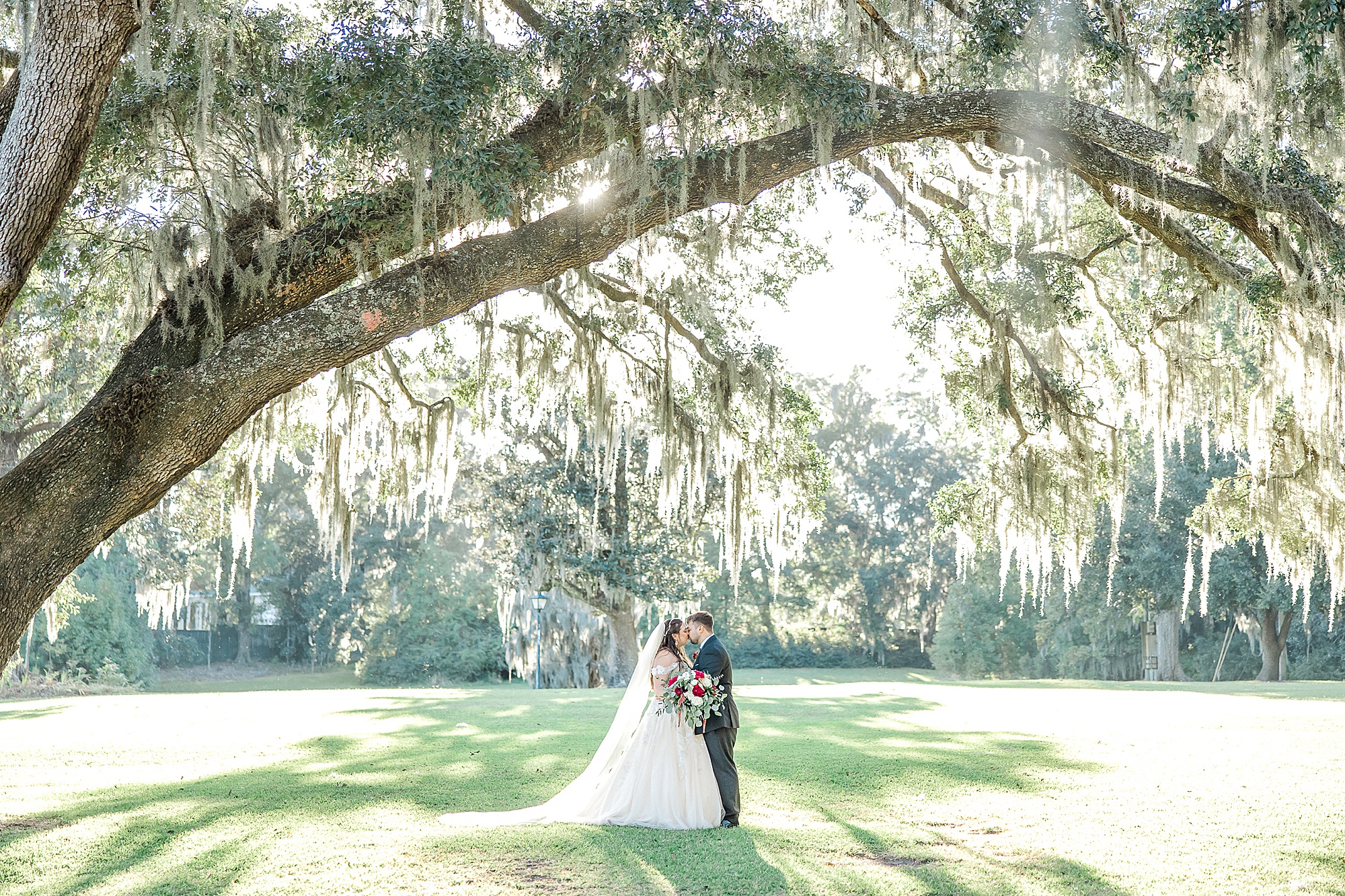 newlyweds under spanish moss covered trees