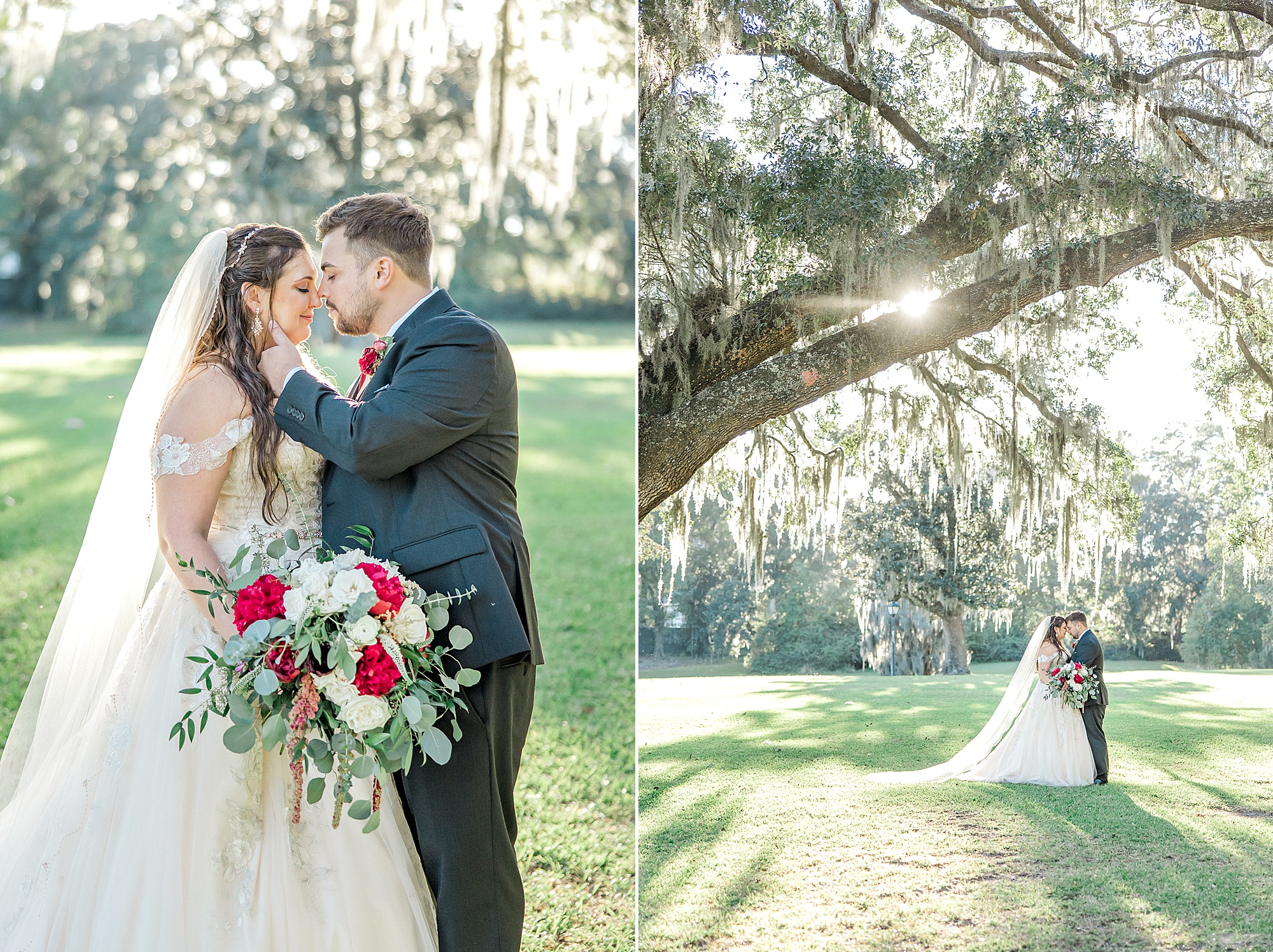 charesteston wedding photographer captures newlyweds under Spanish moss covered trees
