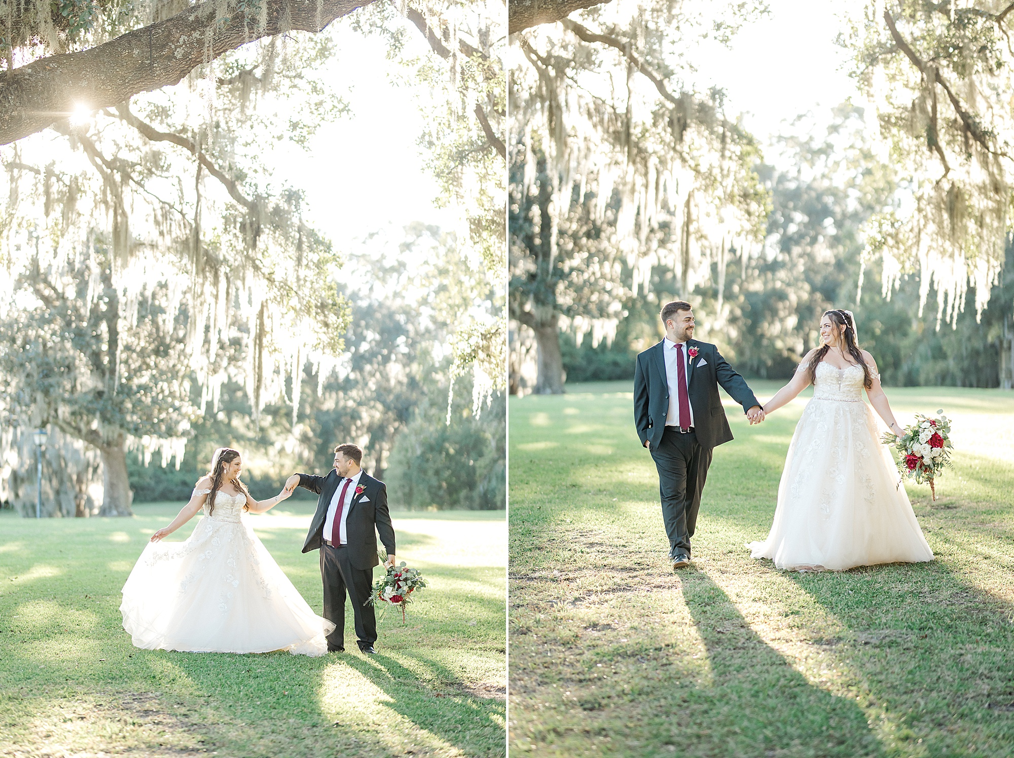 couple hold hands and walk together under oak trees