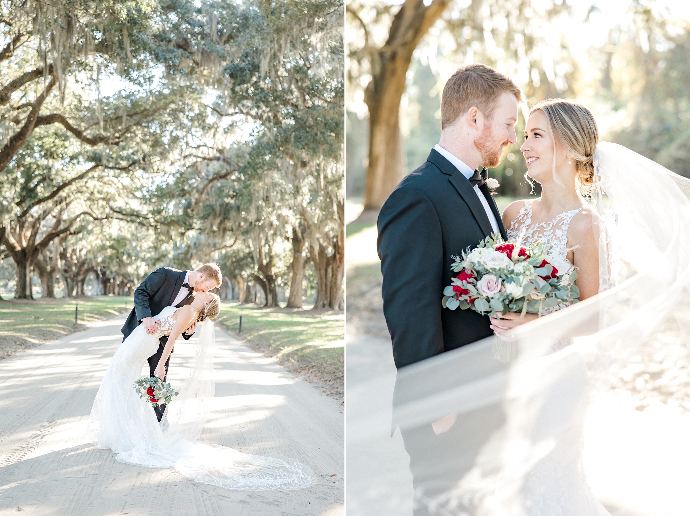 couple under oak trees covered in spanish moss at Boone Hall in Charleston