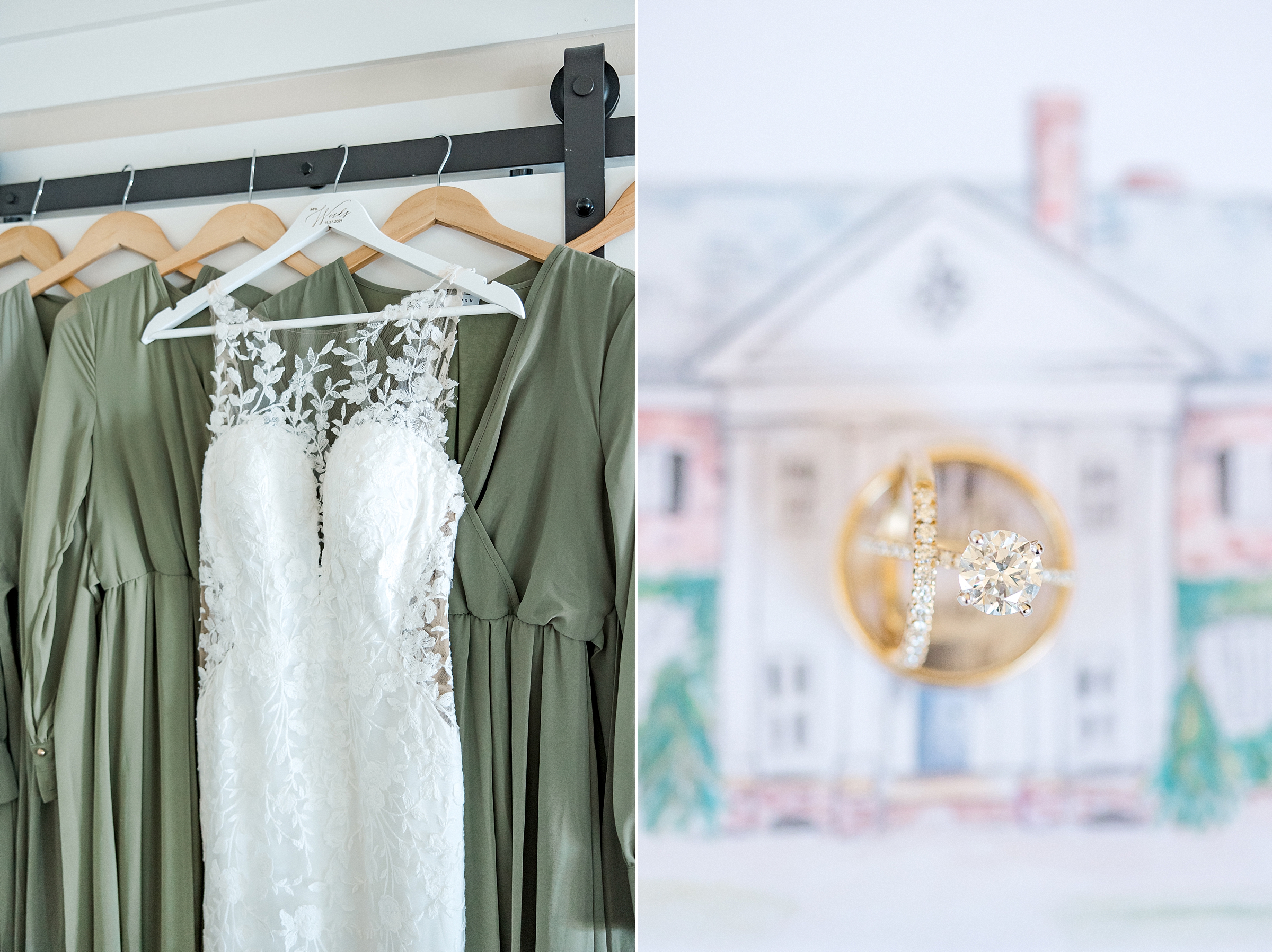 wedding gown hanging up with olive green bridesmaids dresses