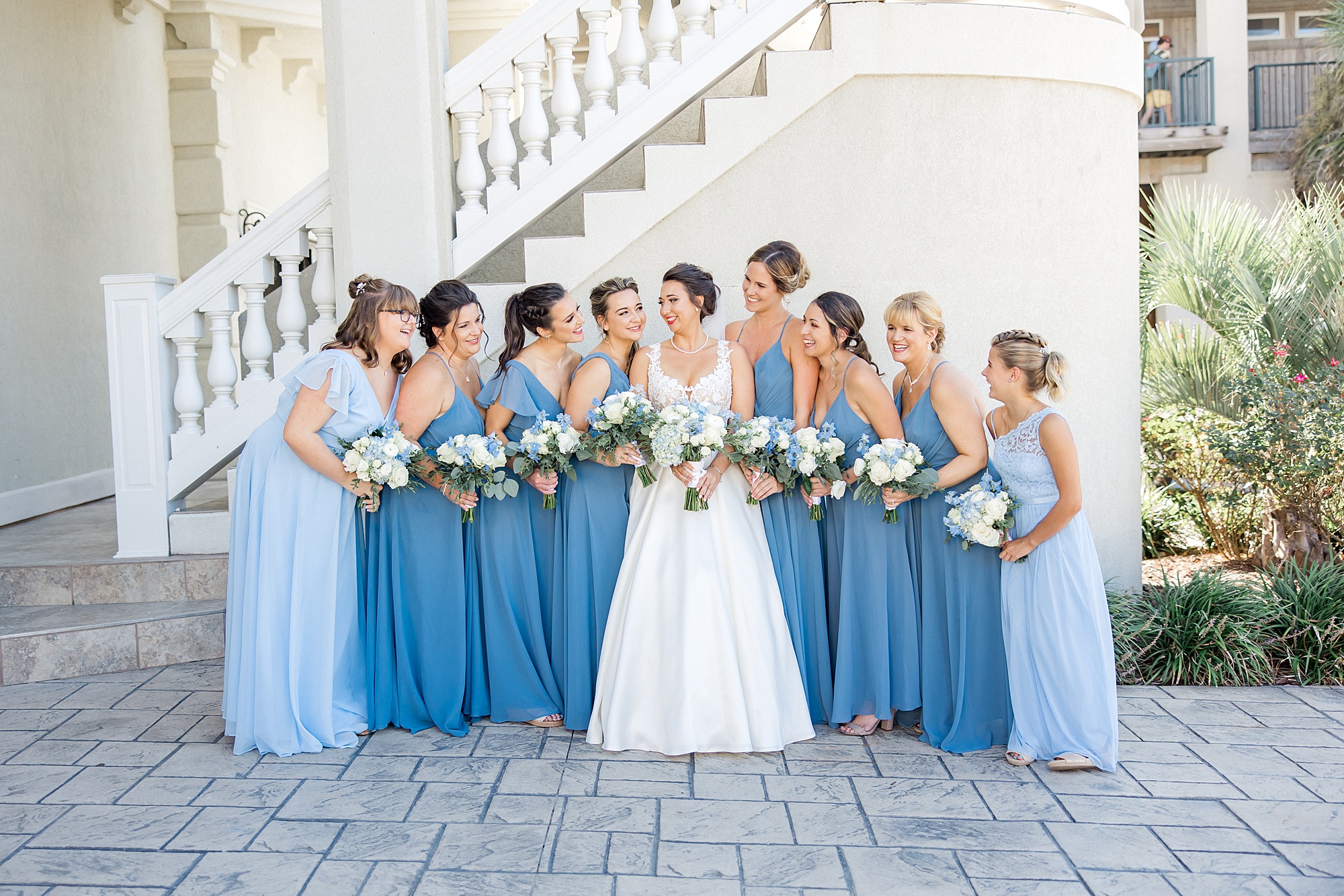 bridal party in shades of blue from Ocean Isle Beach Wedding