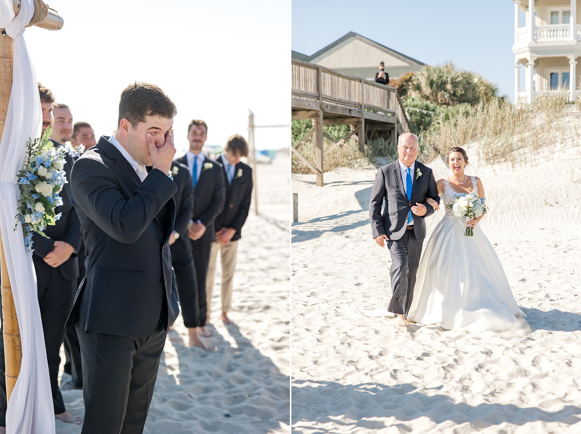 groom tears up seeing bride walking down beach at Ocean Isle Beach Wedding