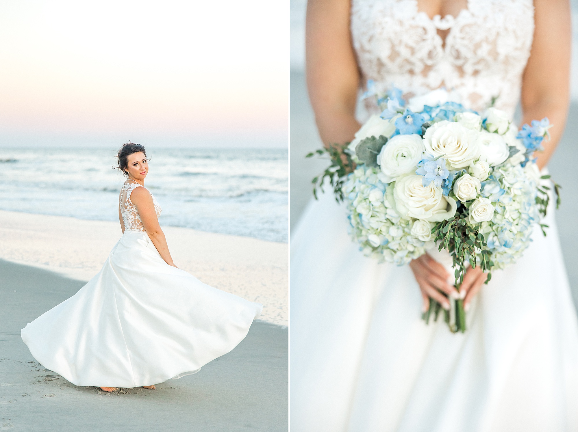 bride twirls in her wedding dress and shows off her white and blue bouquet