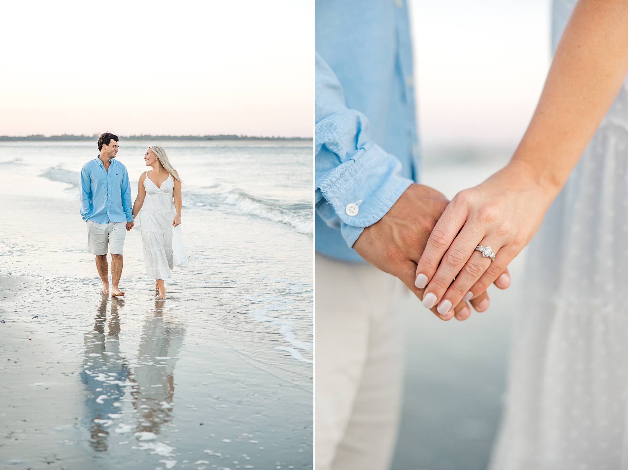 couple show off engagement ring during engagement portraits