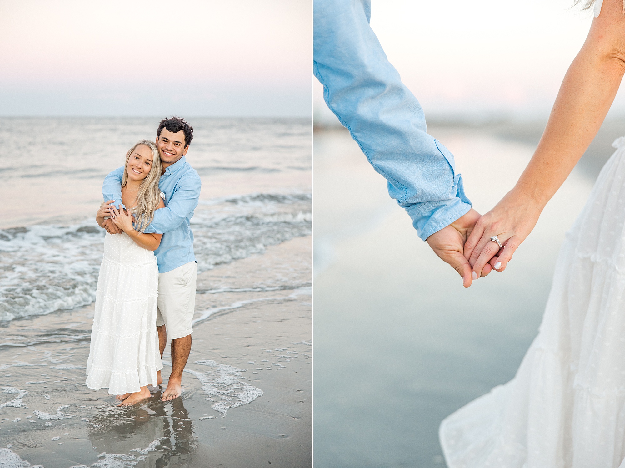 couple hug and hold hands on the beach