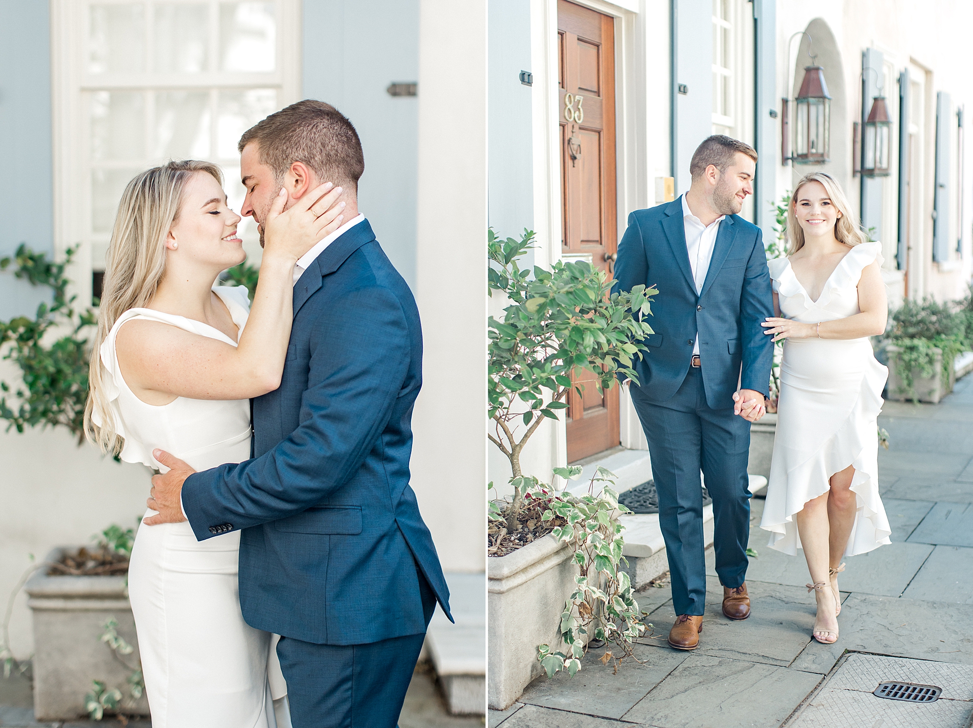 couple walk down historic road in downtown Charleston during engagement session