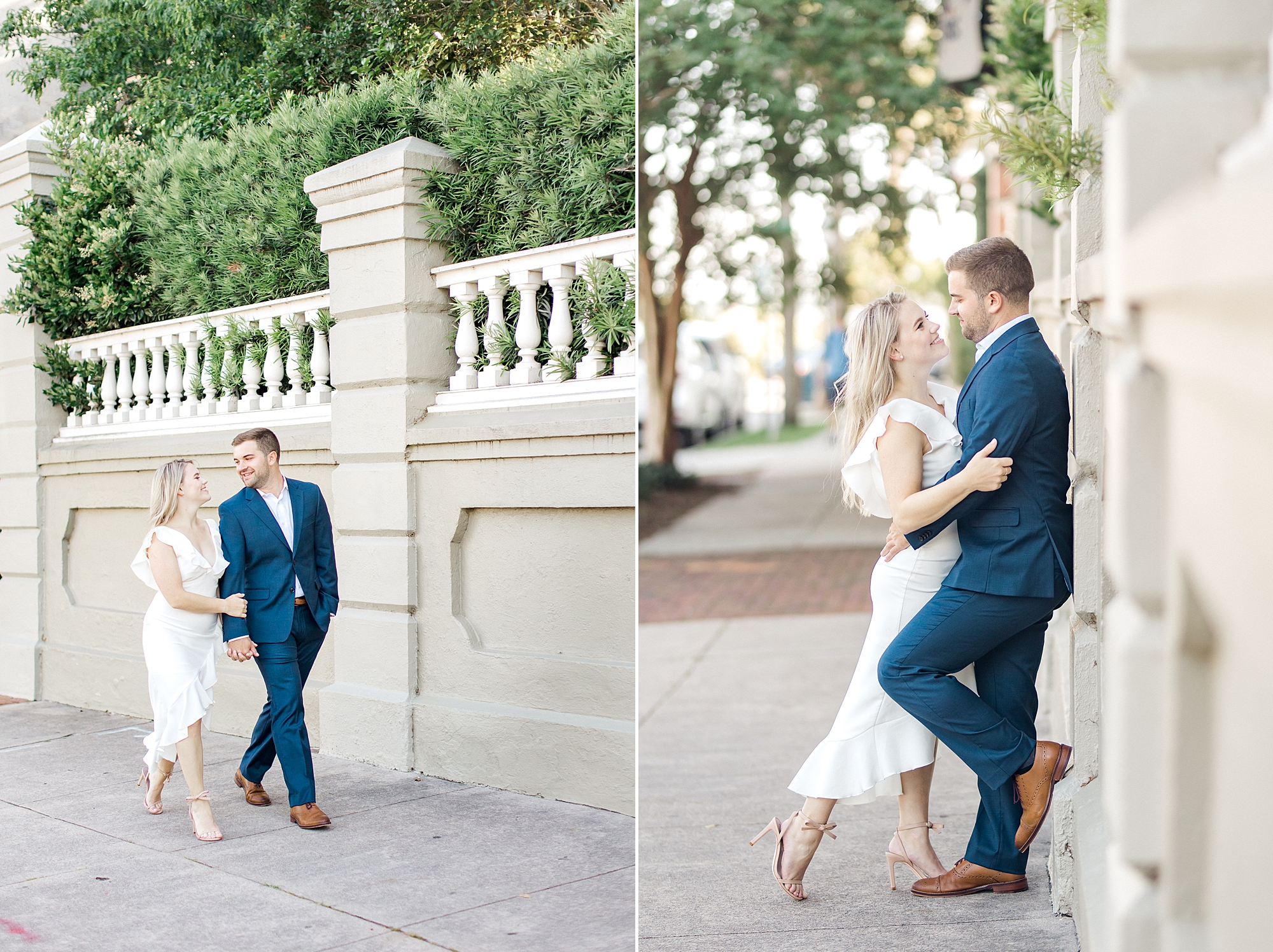 couple walk down road in historic downtown Charleston