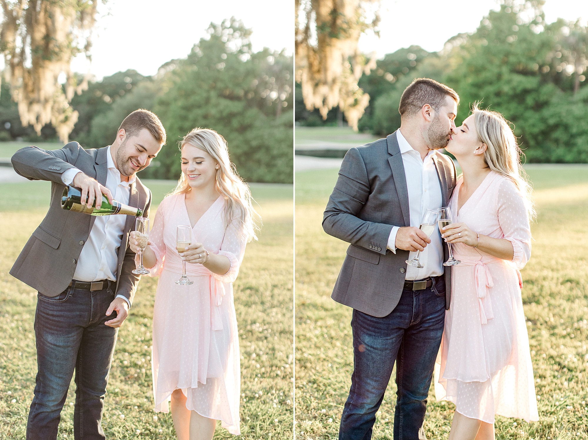engaged couple pop champagne to celebrate during engagement photos
