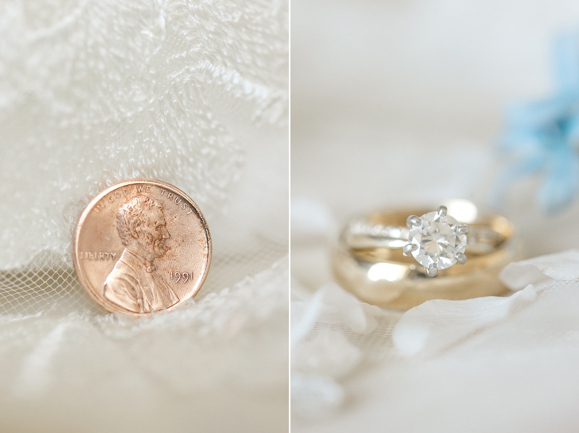 bride's lucky penny and wedding rings
