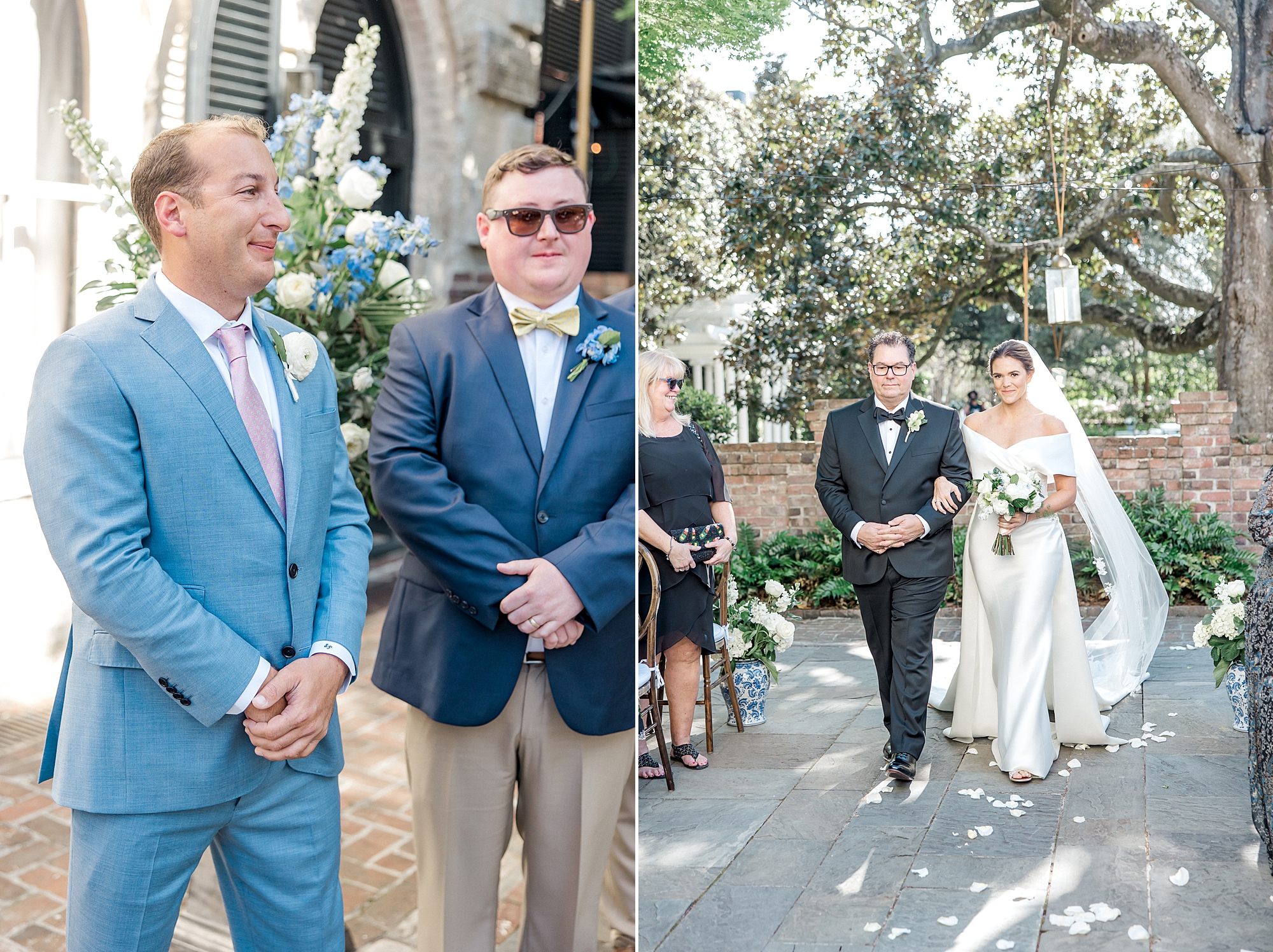 groom waits for his bride walking down the aisle with her dad