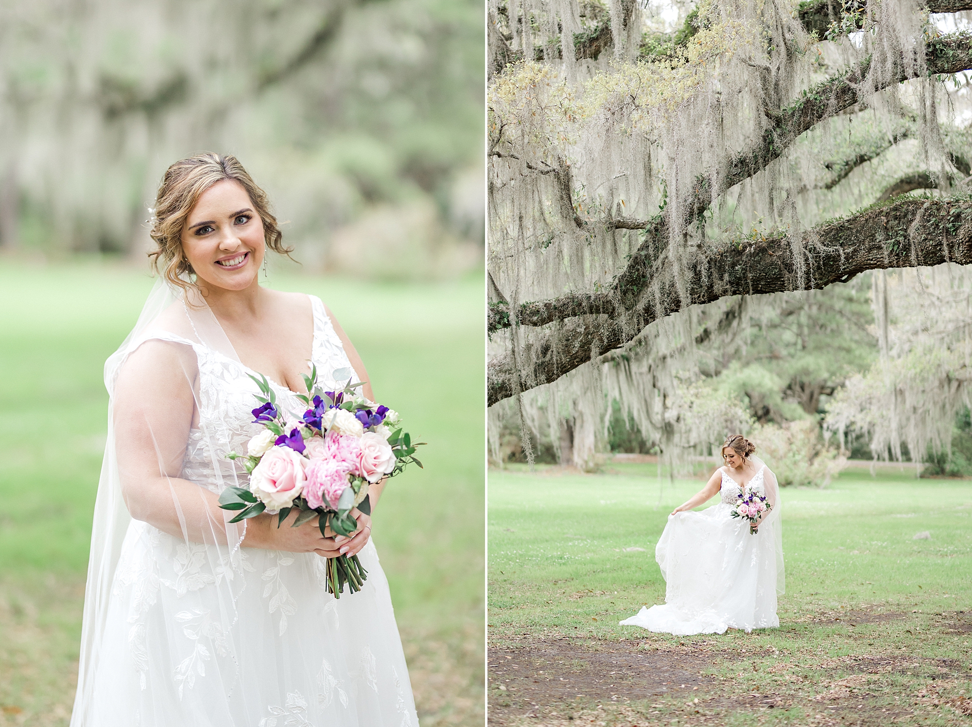 bridal portraits under live oak tree in Charleston