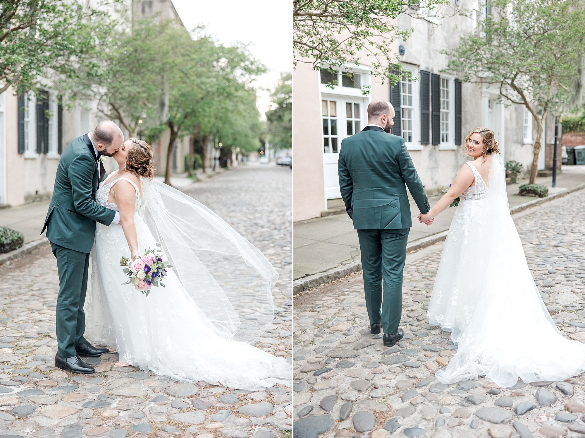 newlyweds in cobblestone street in downtown Charleston, SC elopement