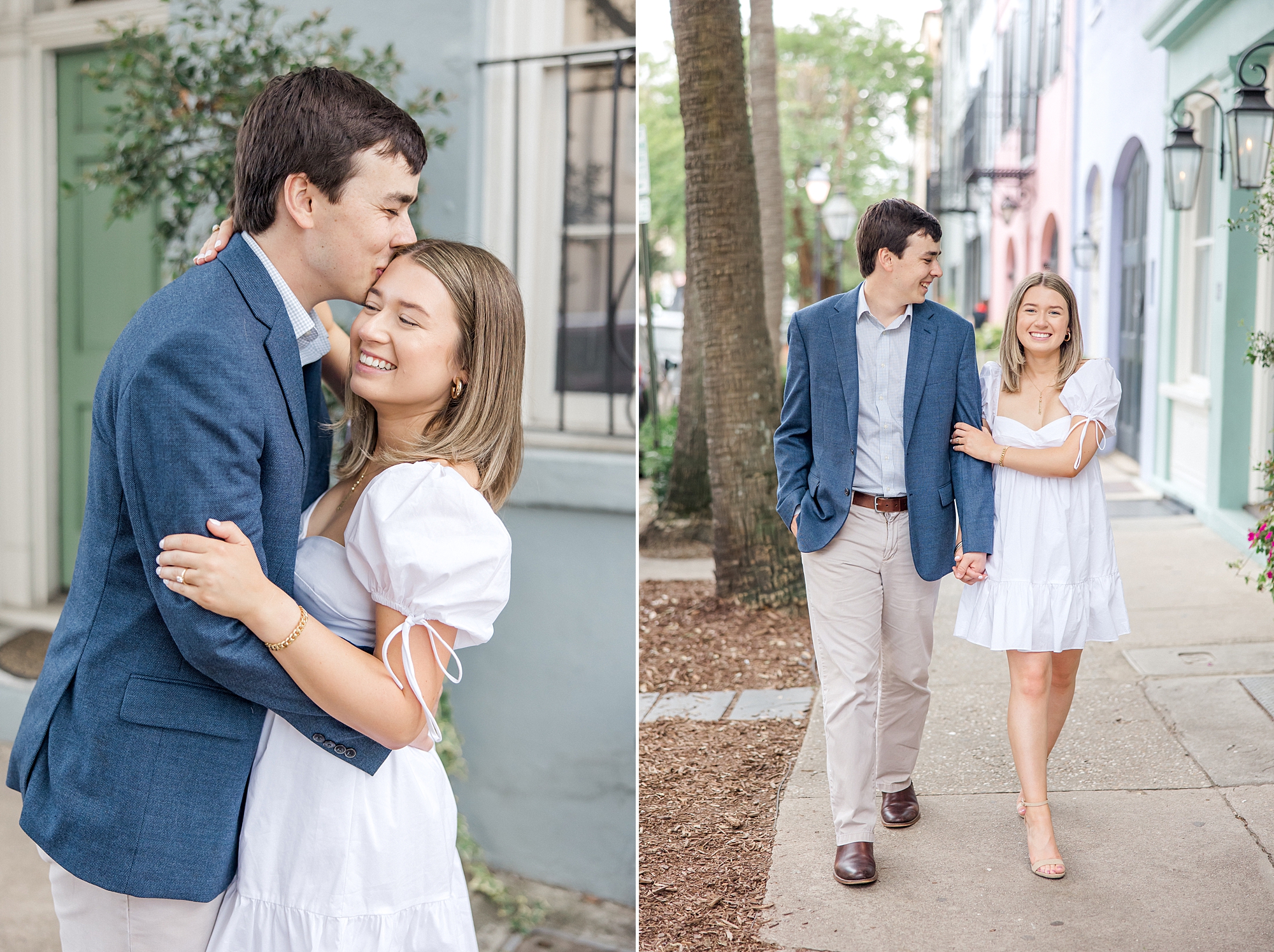 Spring engagement session of couple walking together in historic downtown Charleston