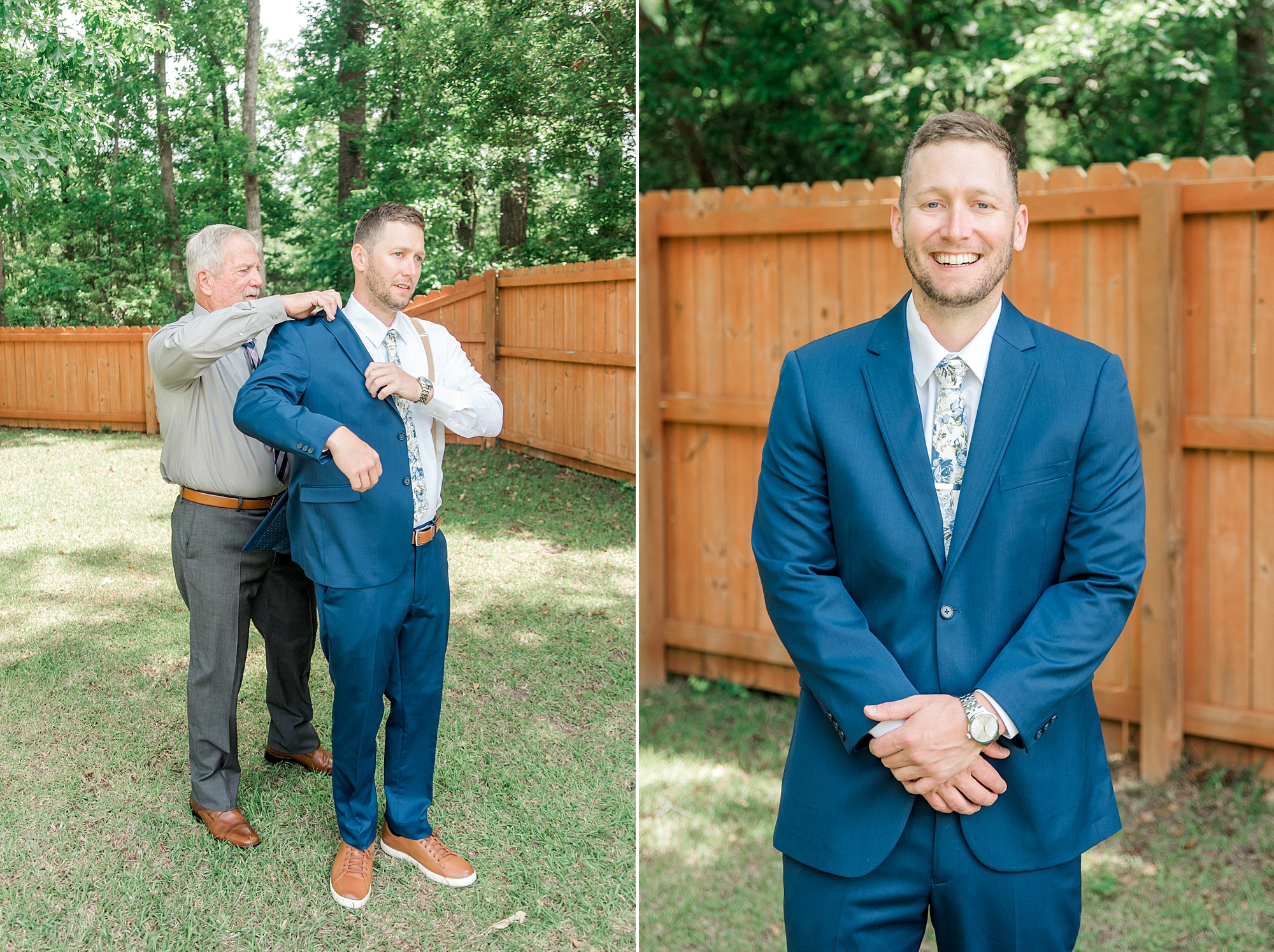 groom putting jacket on with the help of his dad