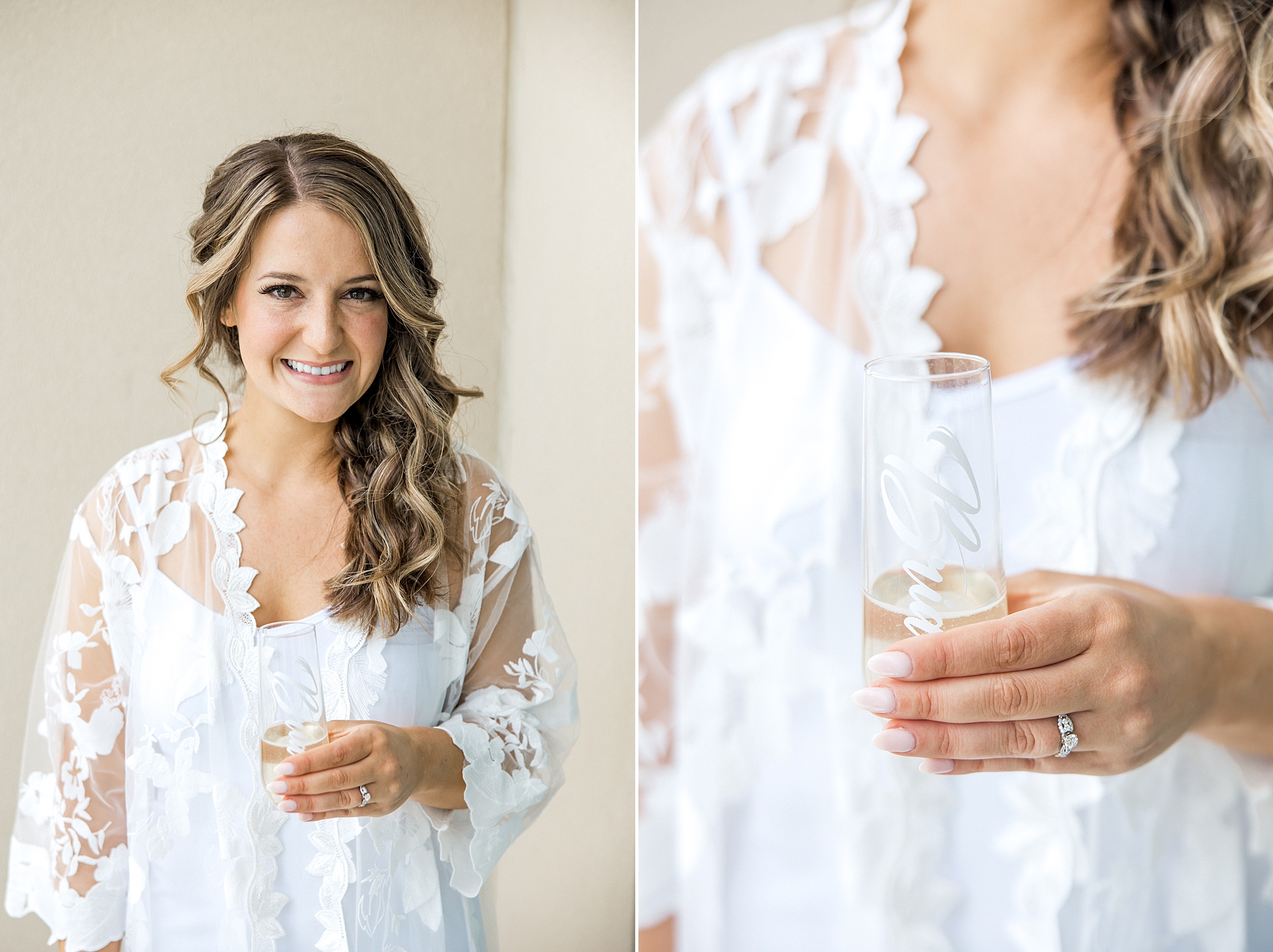 bride sipping champagne before ceremony