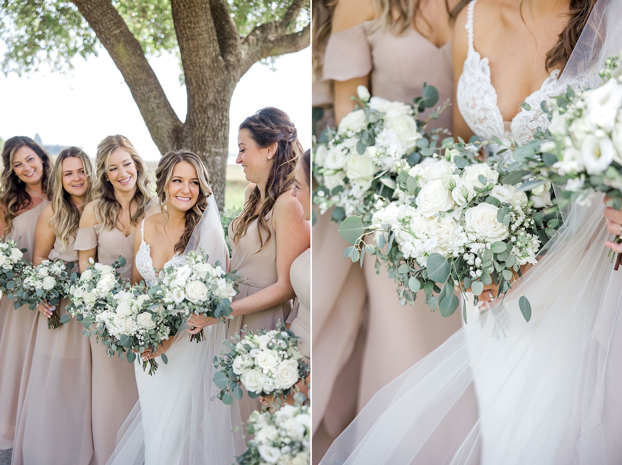 bride and her bridesmaids holding classic white flower bouquets