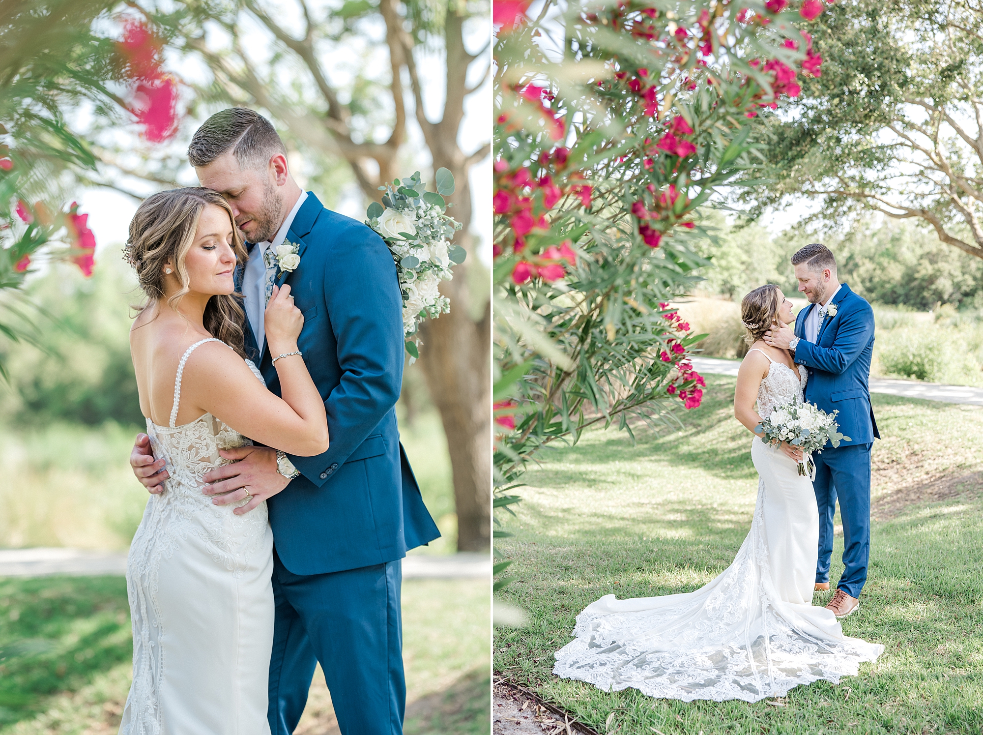 wedding portraits with beautiful red flowers surrounding couple
