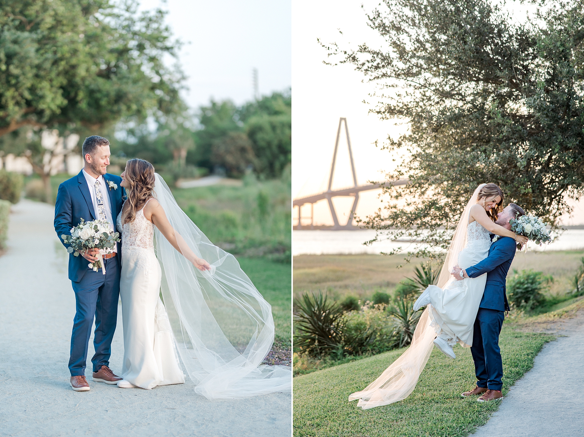newlyweds at sunset with cable bridge in background