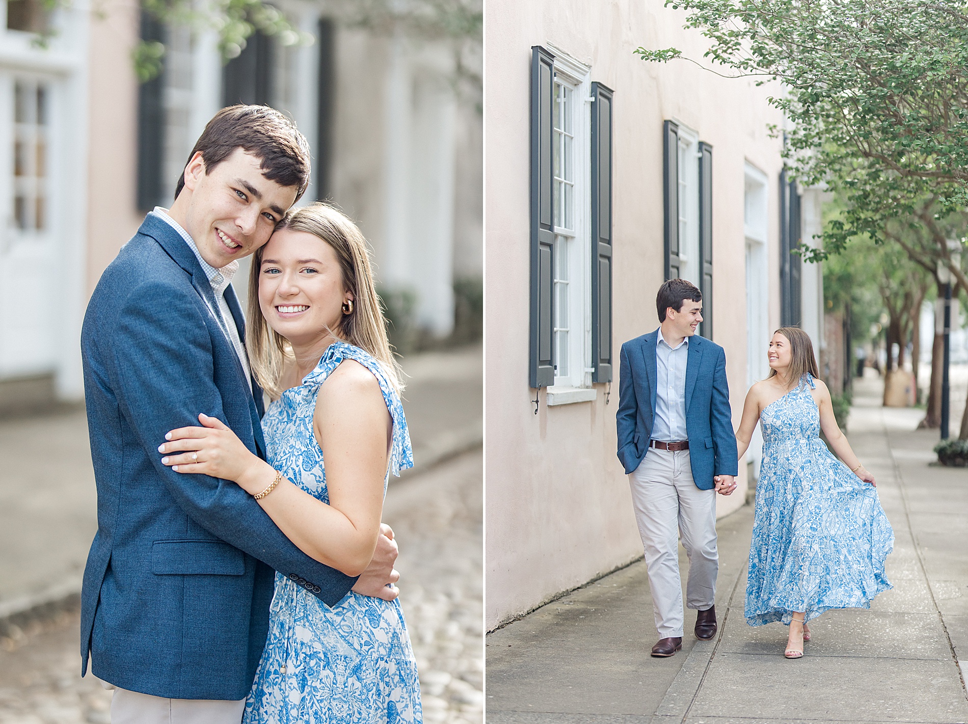 couple hold hands and walk together in downtown Charleston