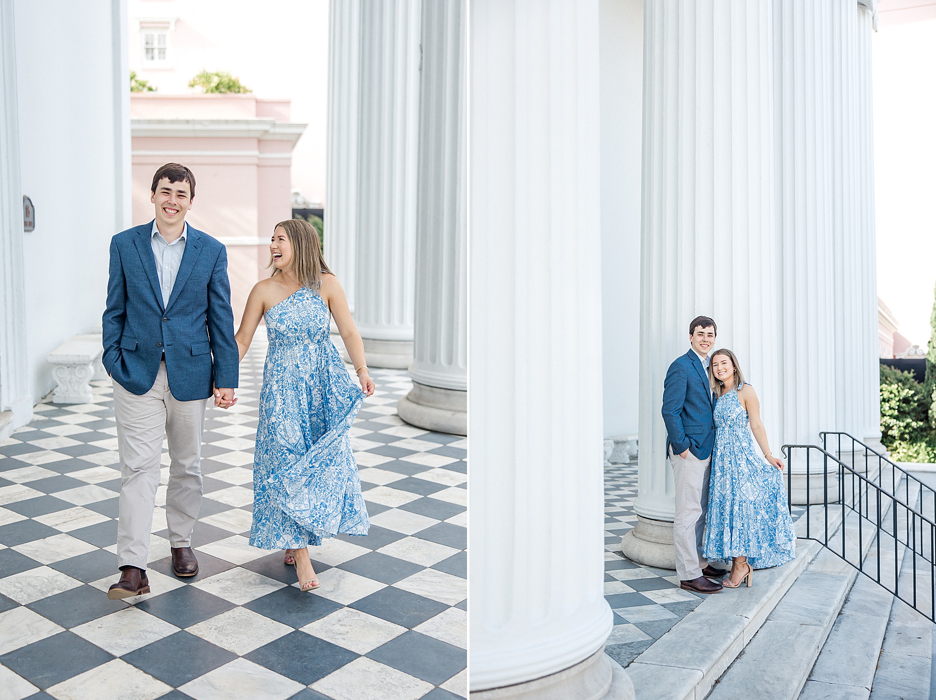 Charleston SC Engagement Photographer Karen Schanely captures couple as they walk through historic building in Downtown Charleston