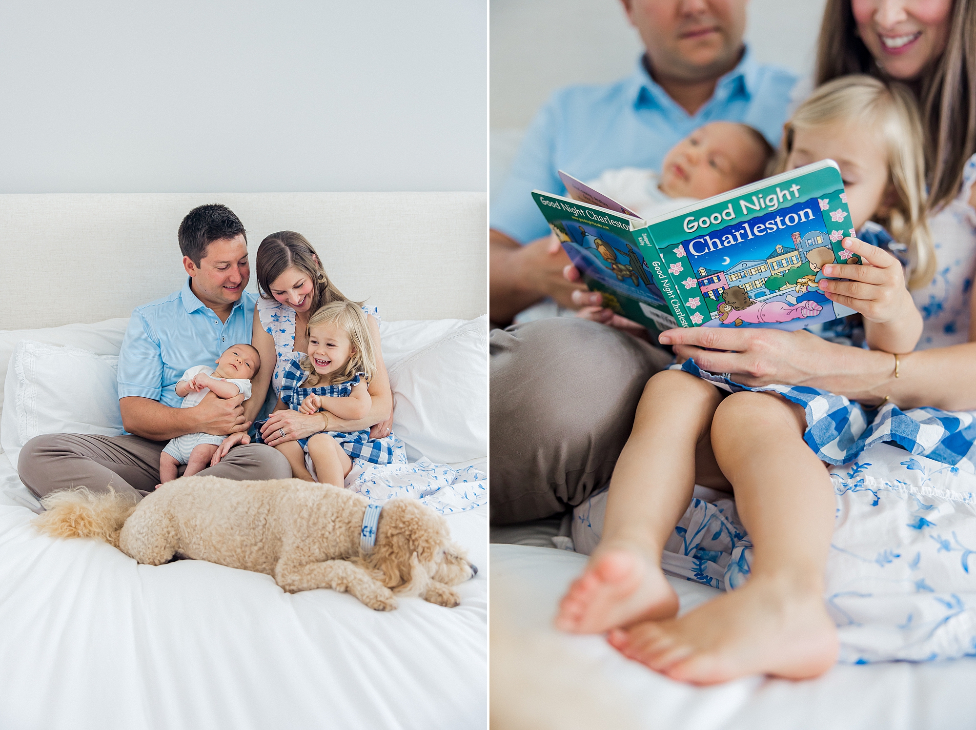 parents reading a book on bed during In-Home Newborn + Family Session in Mount Pleasant, SC