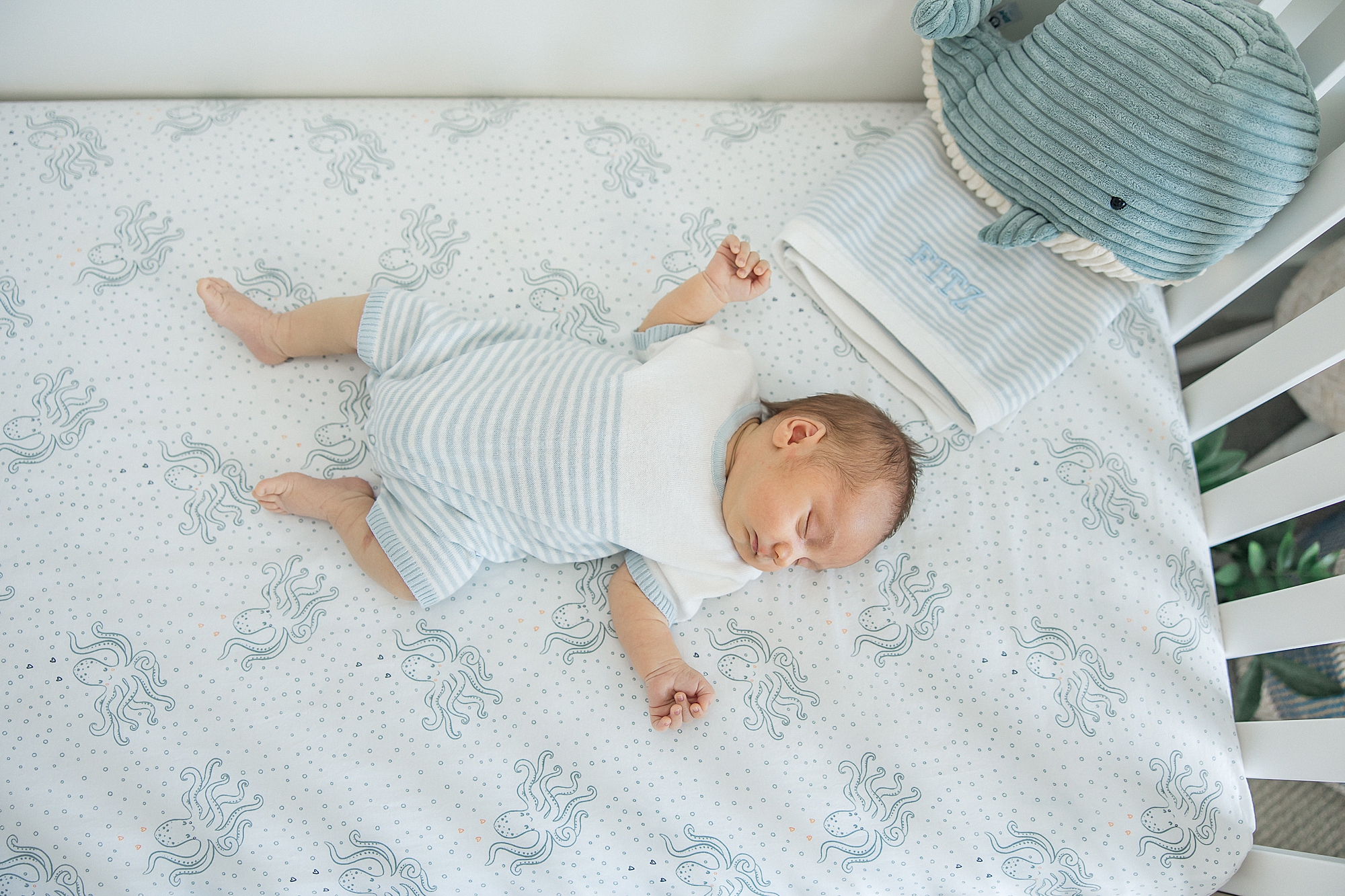 baby boy sleeps in crib during In-Home Newborn + Family Session in Mount Pleasant, SC