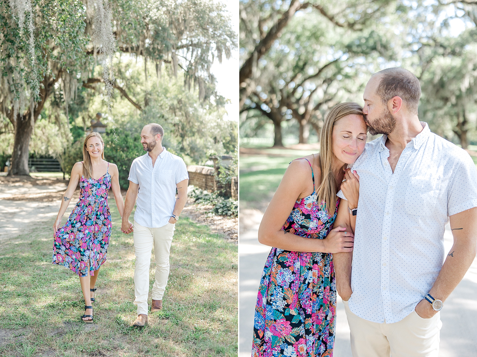 couple hold hands as the walk around Boone Hall Plantation