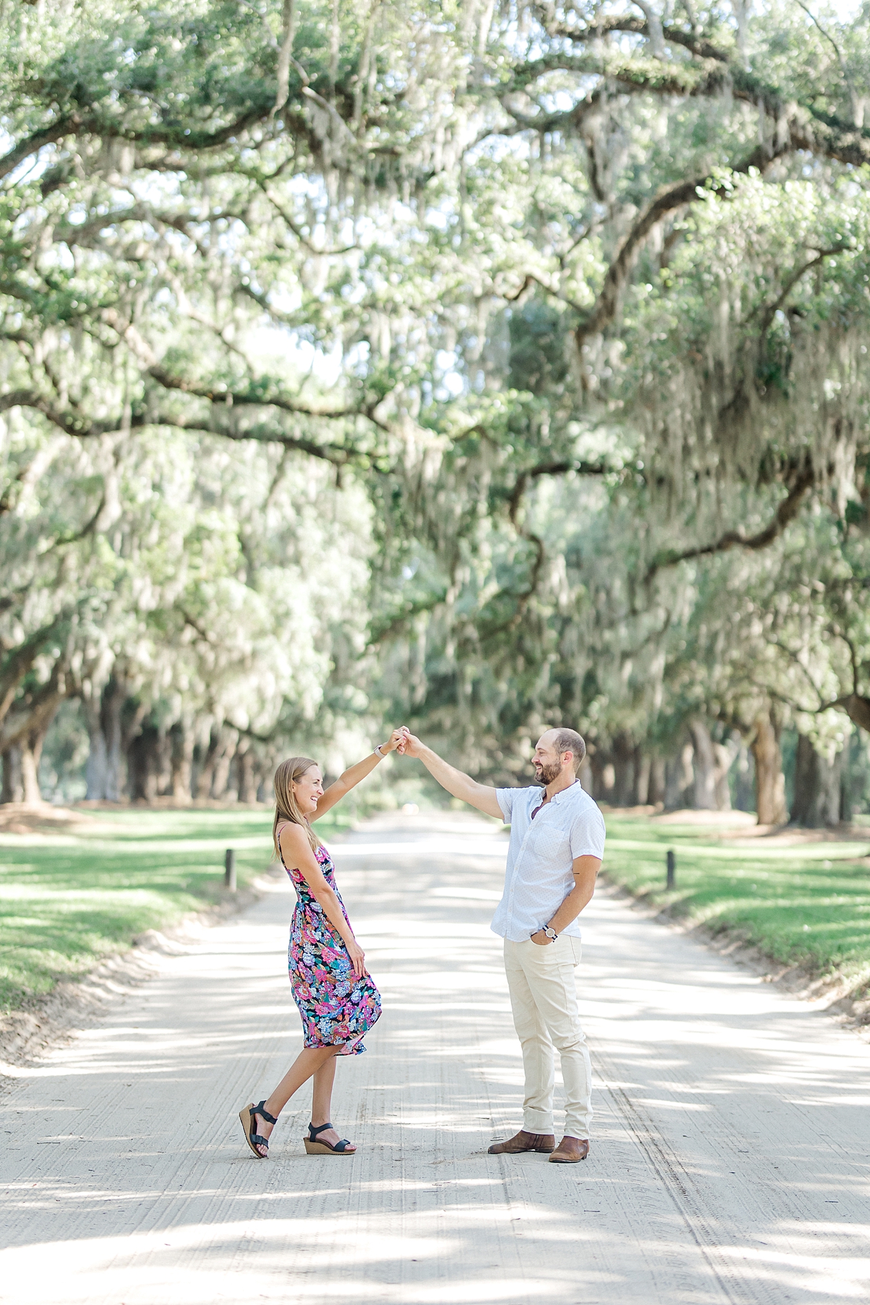 couple dance at Boone Hall Plantation during engagement session
