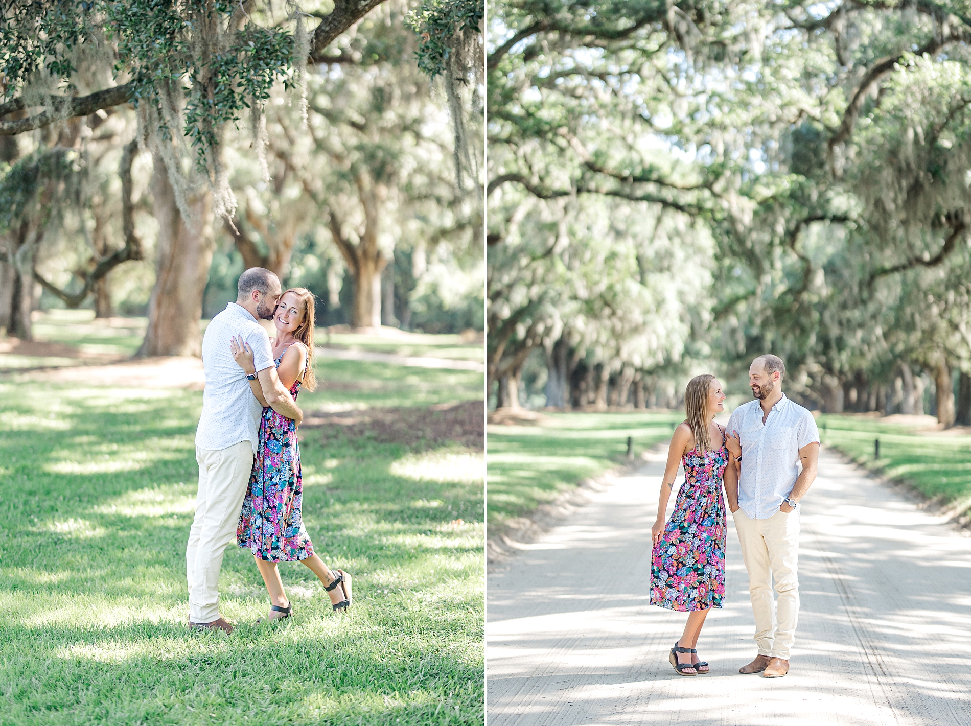 couple walking down oak avenue during Charleston Engagement session