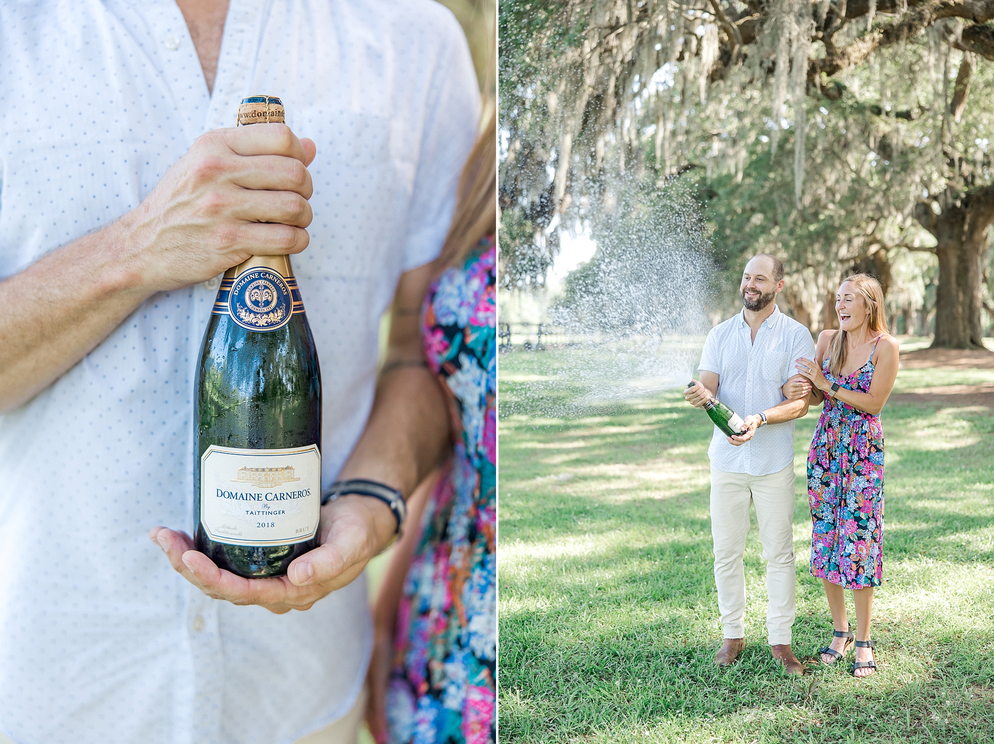 engaged couple celebrate with champagne during engagement photos