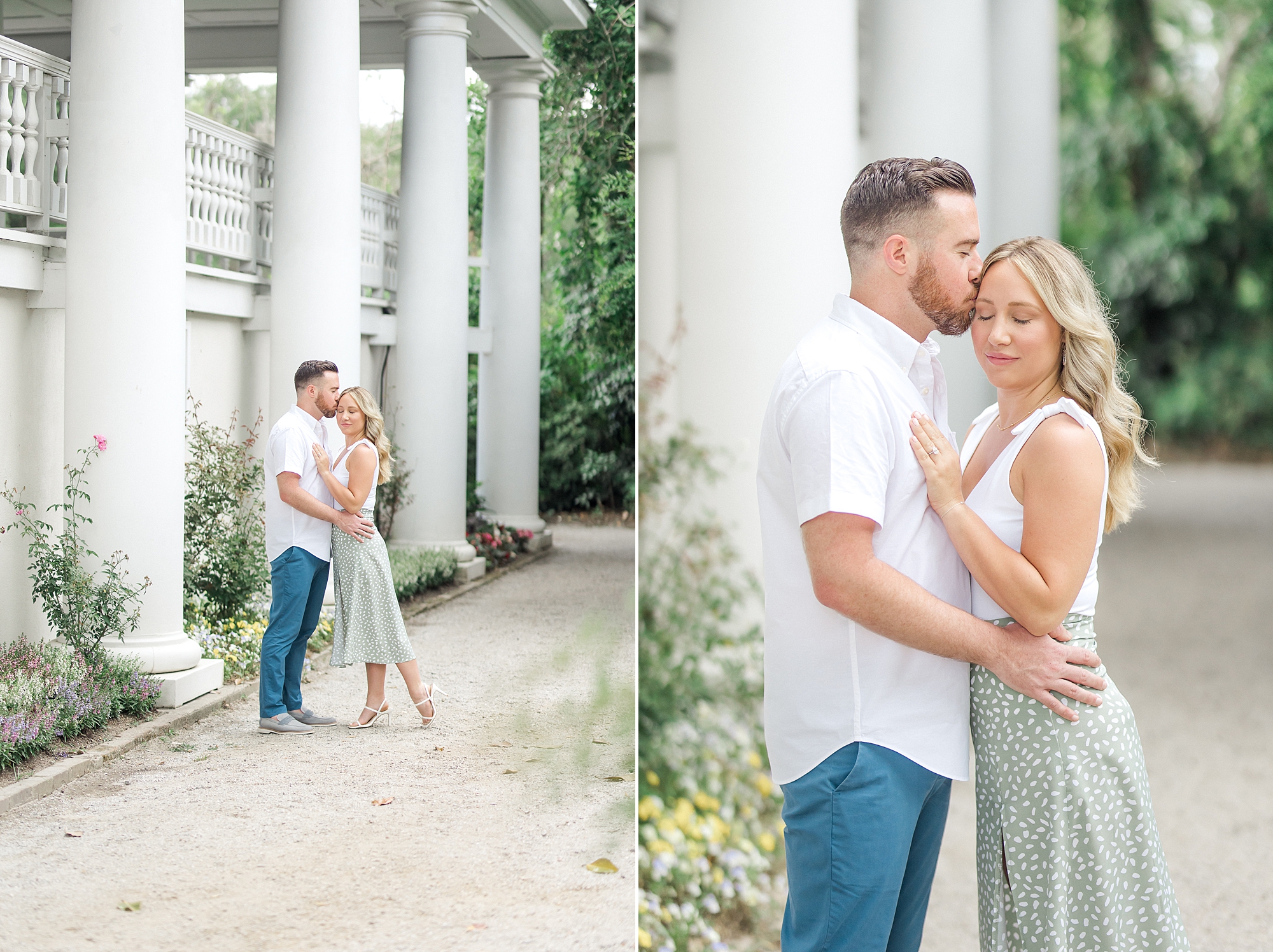 engagement portraits by white columns of house