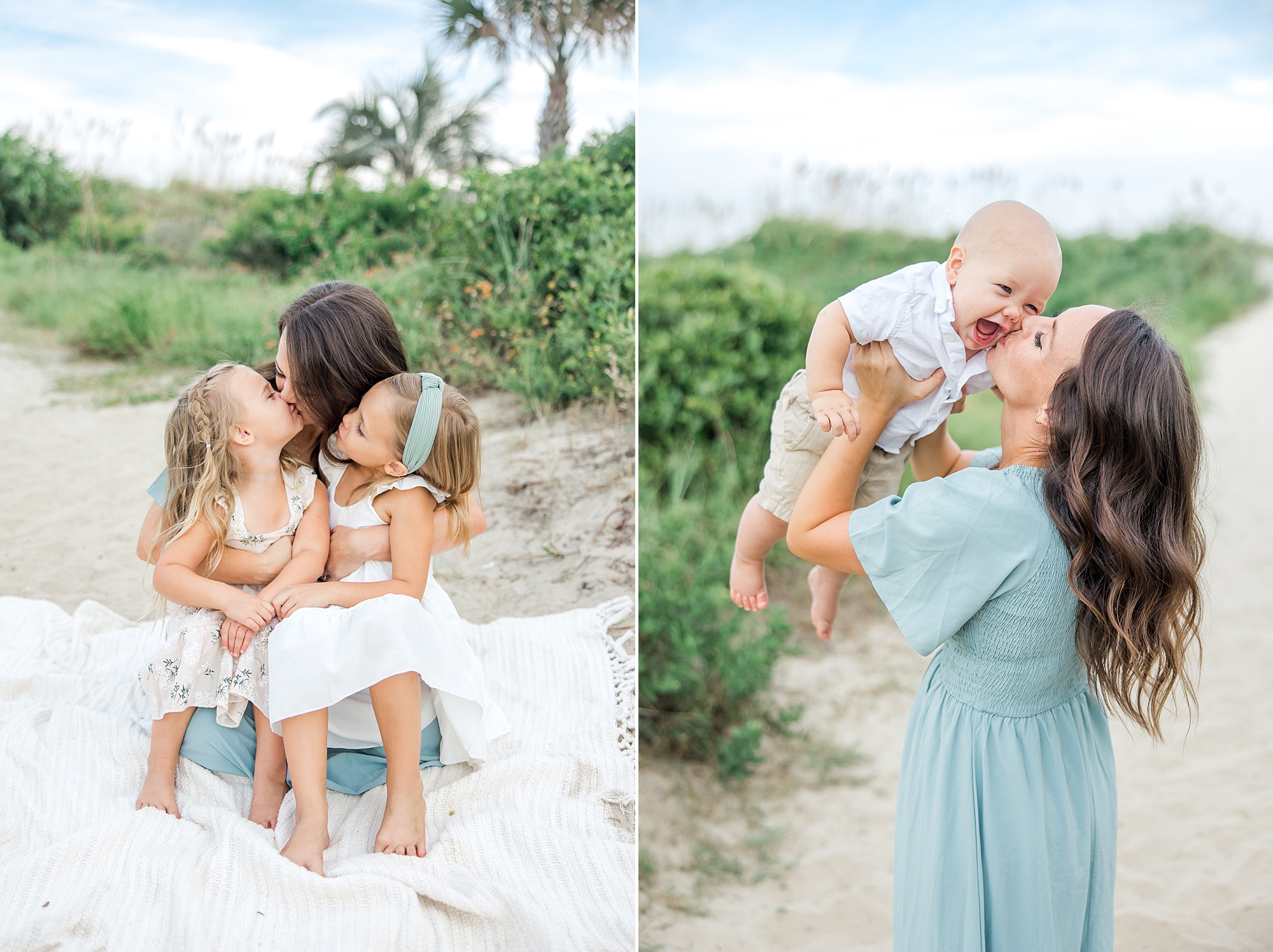 mom kisses her 3 children during Beach Family Session at Isle of Palms