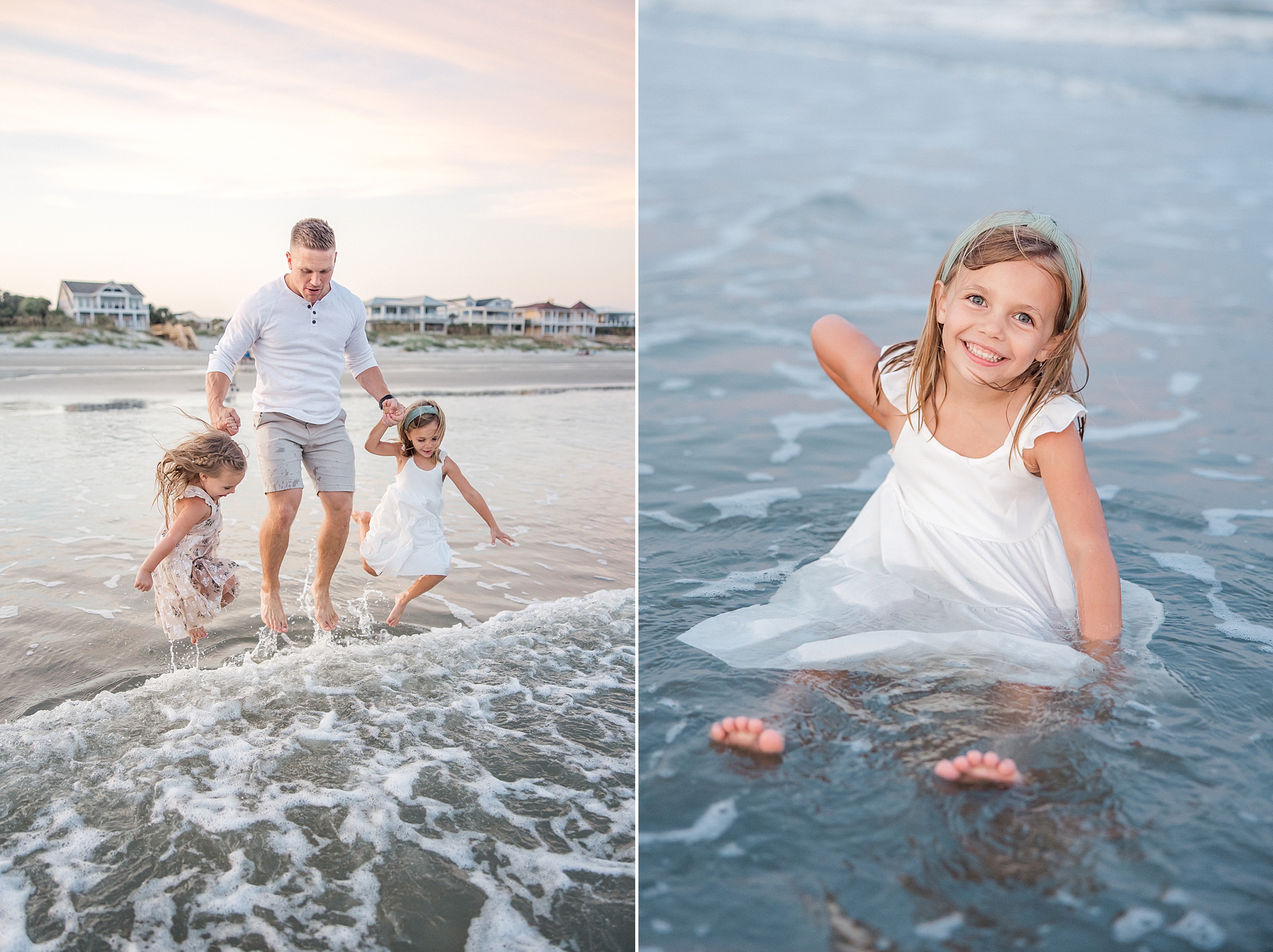 dad and kids splash in the water during Beach Family Session at Isle of Palms